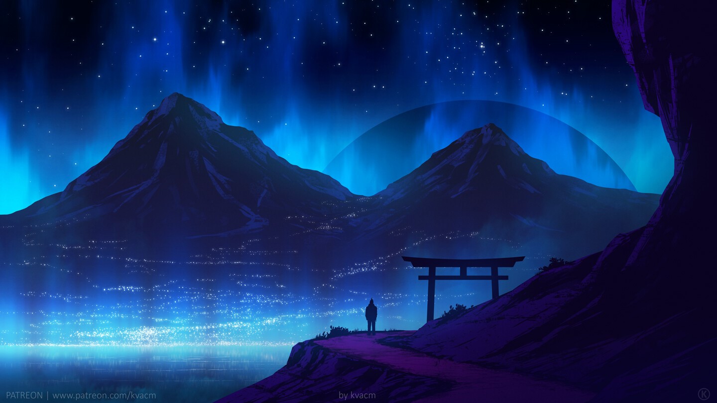 Mountain landscape with aurora and torii gate HD Wallpaper