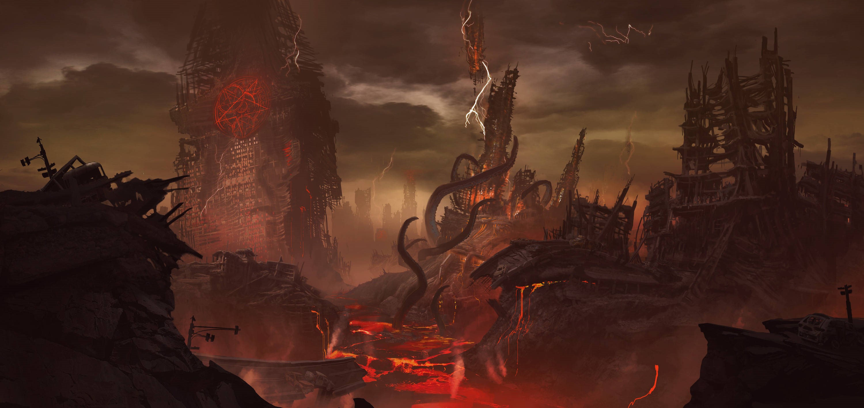 Apocalyptic landscape with demonic structures in Doom Eternal HD Wallpaper