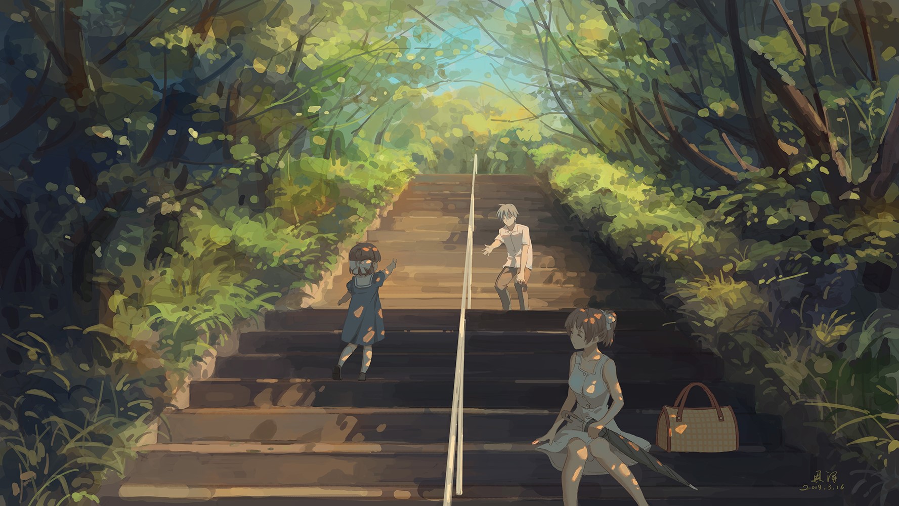 Anime characters on stairs in a forest HD Wallpaper