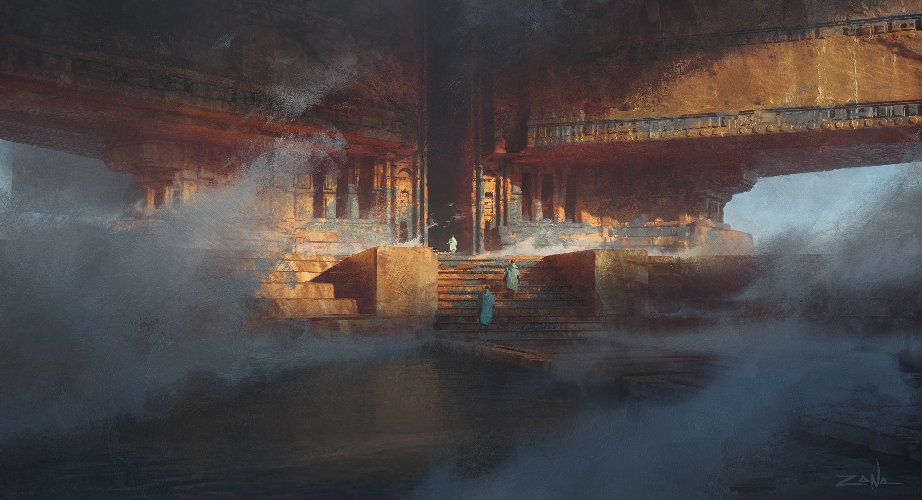 Fantasy architecture with mist and water HD Wallpaper