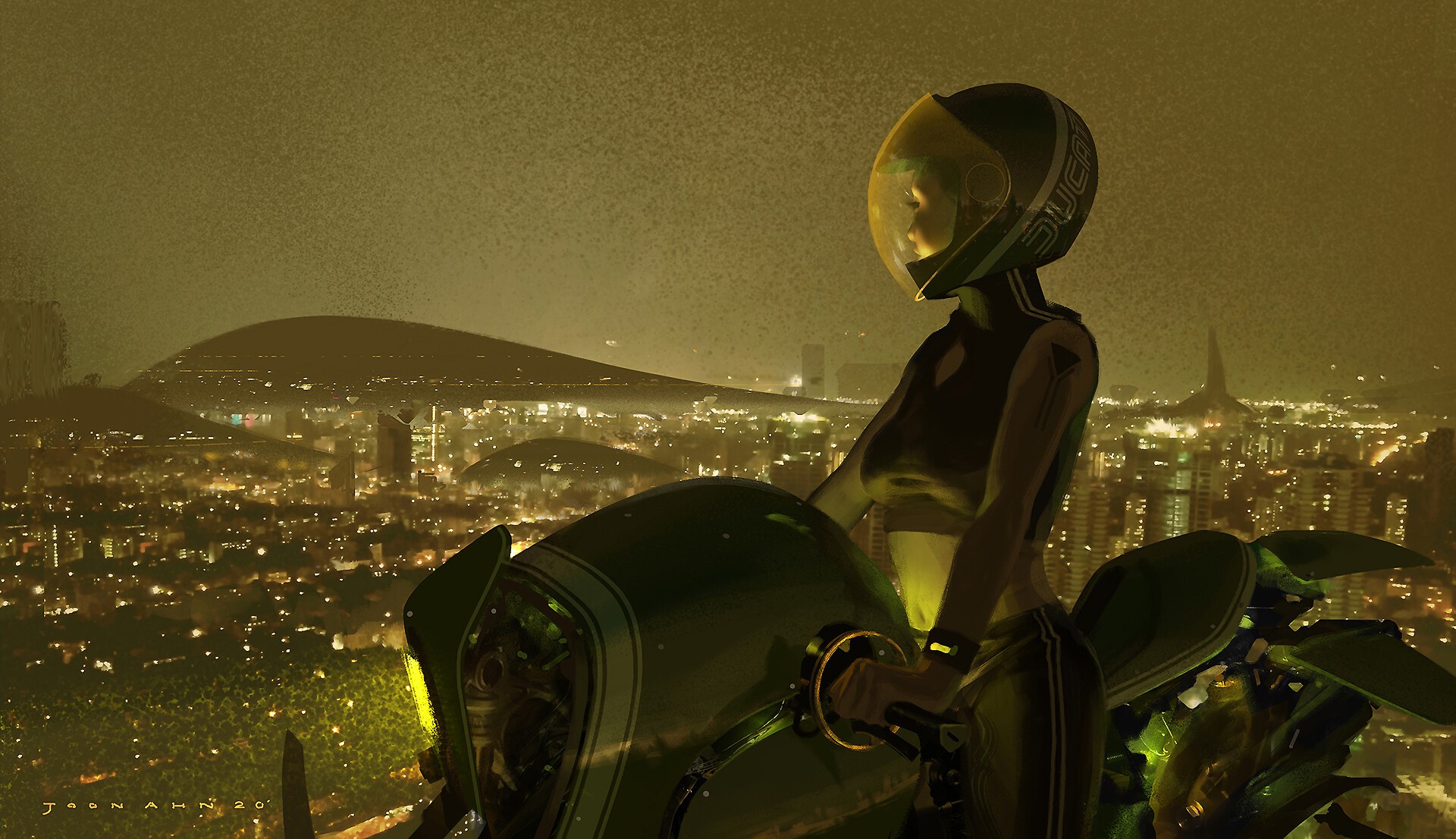 Woman in helmet on motorcycle overlooking futuristic cityscape at night HD Wallpaper