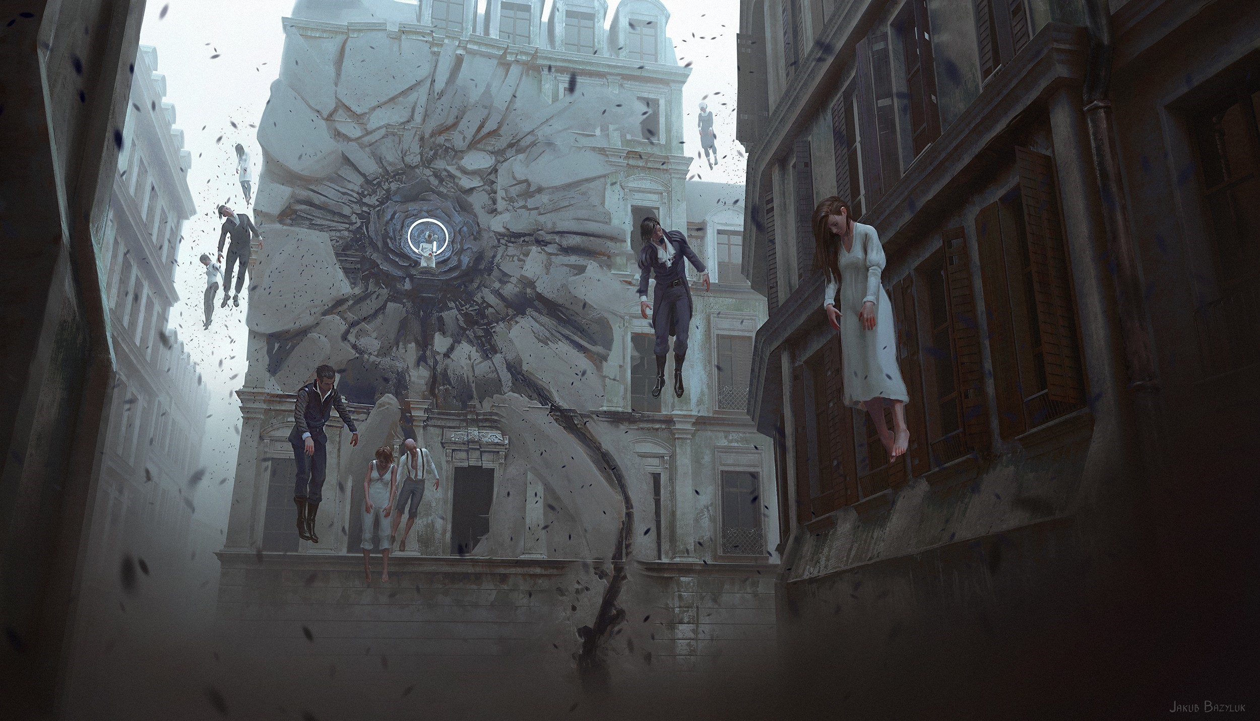People floating from a building crater HD Wallpaper