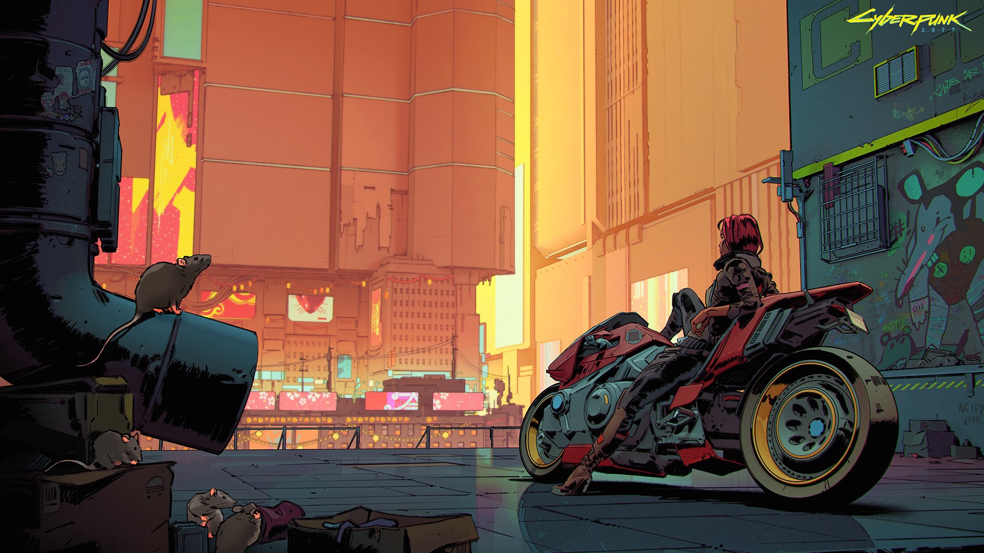 Woman on motorcycle in Cyberpunk 2077 city with rats HD Wallpaper