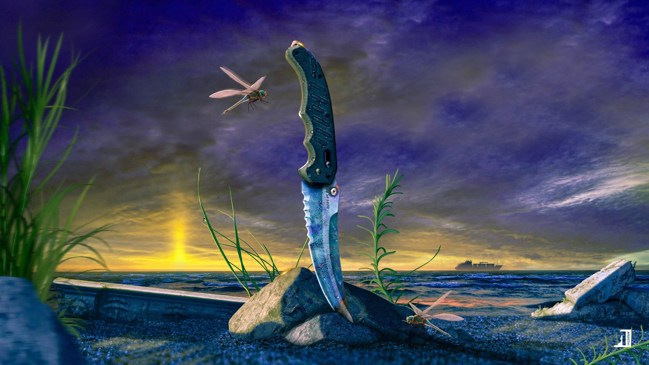 Counter-Strike: Global Offensive knife on a rocky shore HD Wallpaper