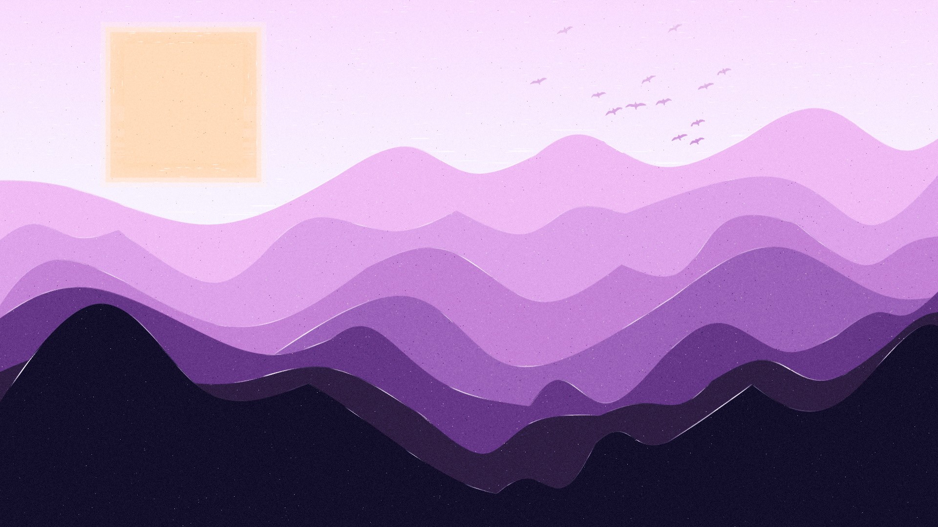 Minimalist purple mountains at sunset with birds and sun HD Wallpaper