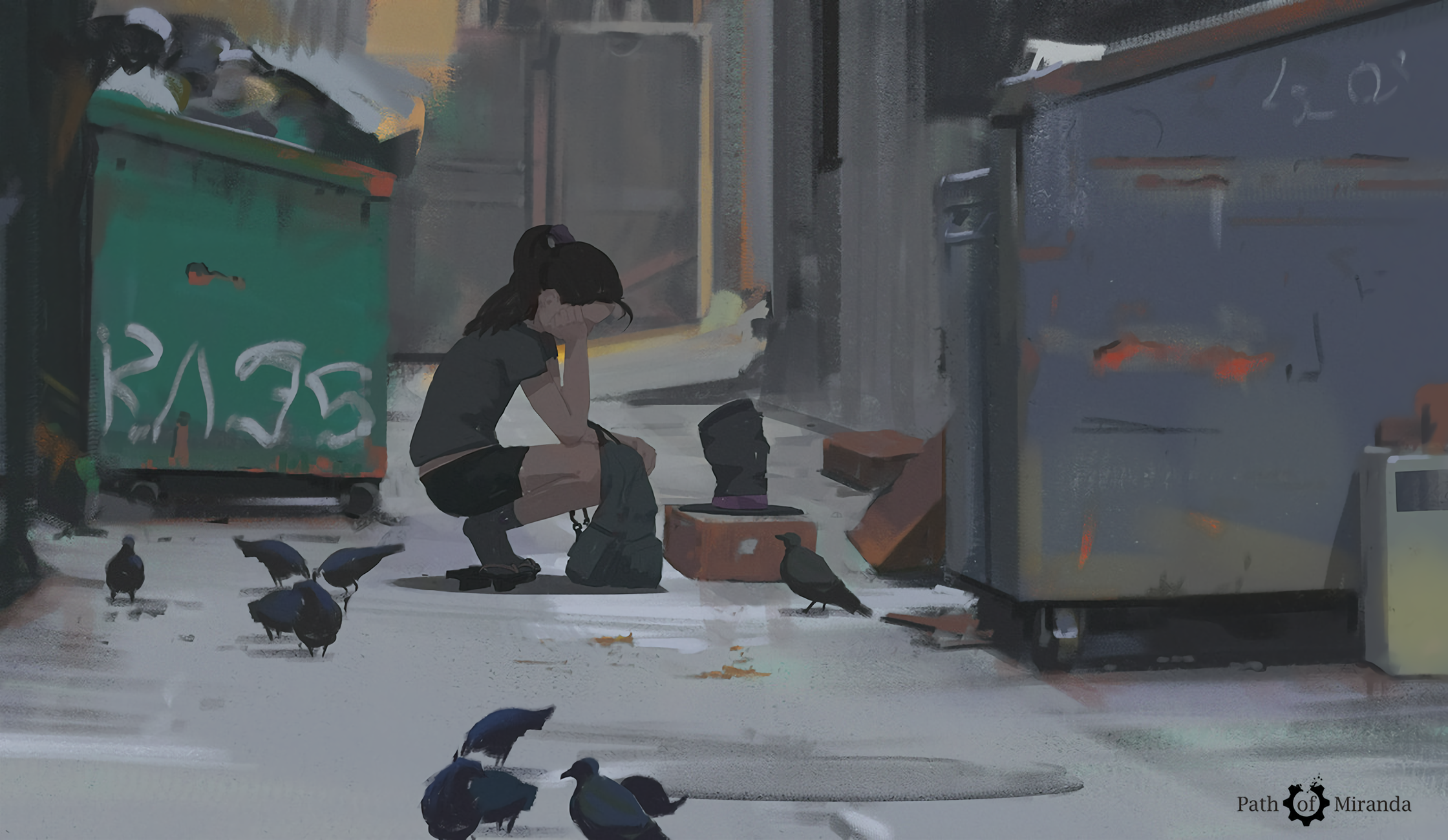 Girl sitting by dumpsters with pigeons HD Wallpaper