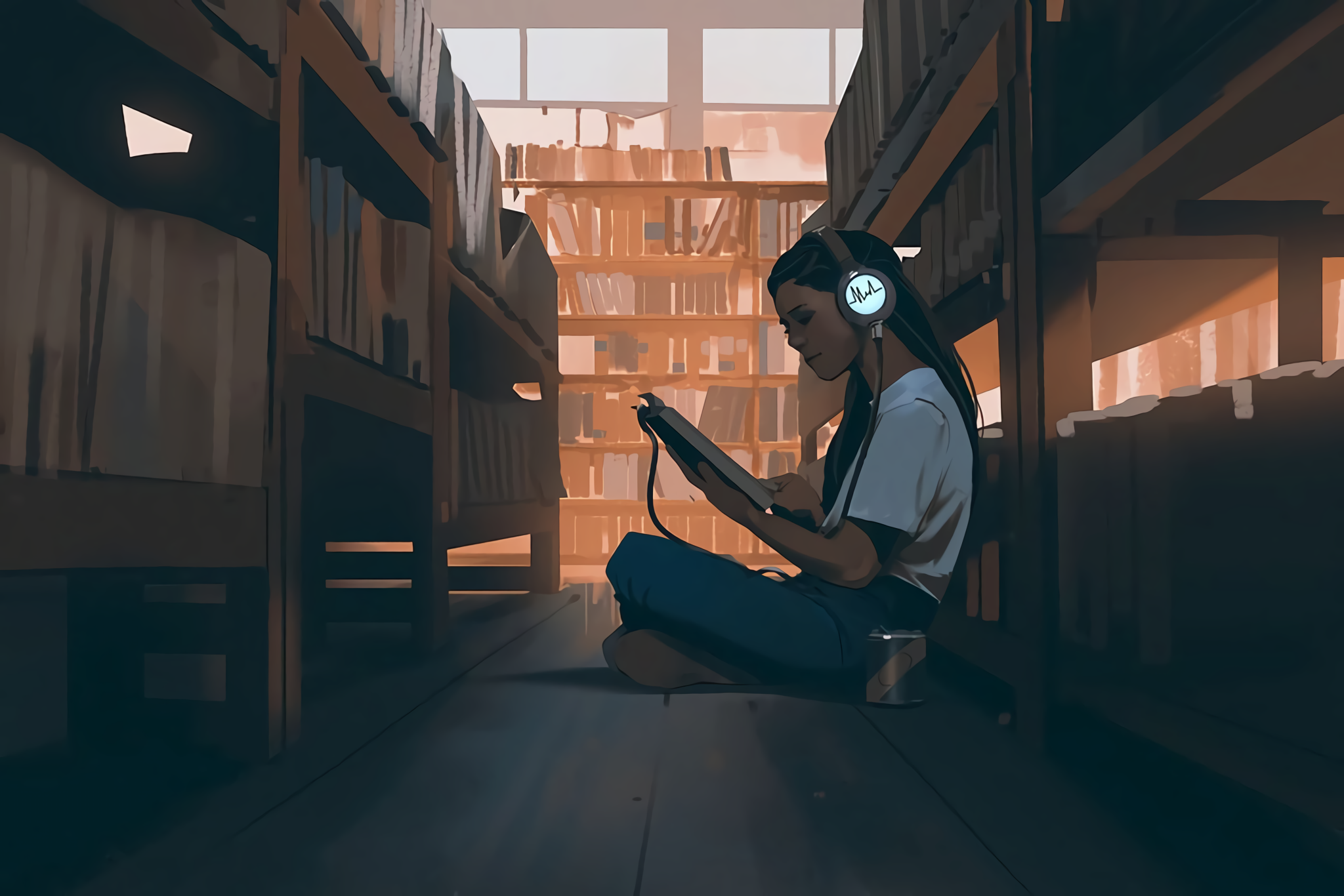 Woman wearing headphones reading a book in a library HD Wallpaper