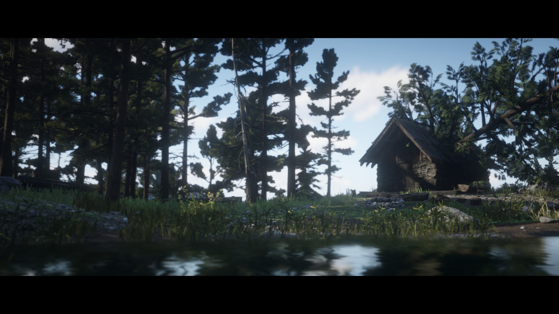 Red Dead Redemption 2 cabin in a forest by a lake HD Wallpaper