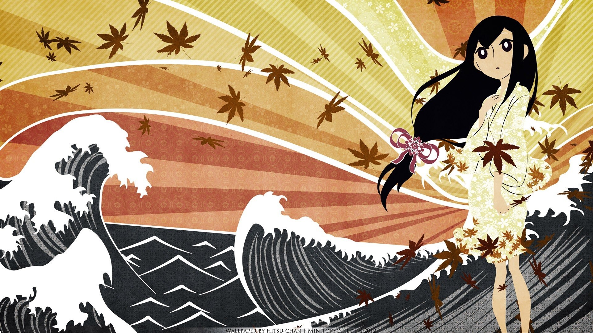 Anime girl in kimono with falling leaves and waves HD Wallpaper