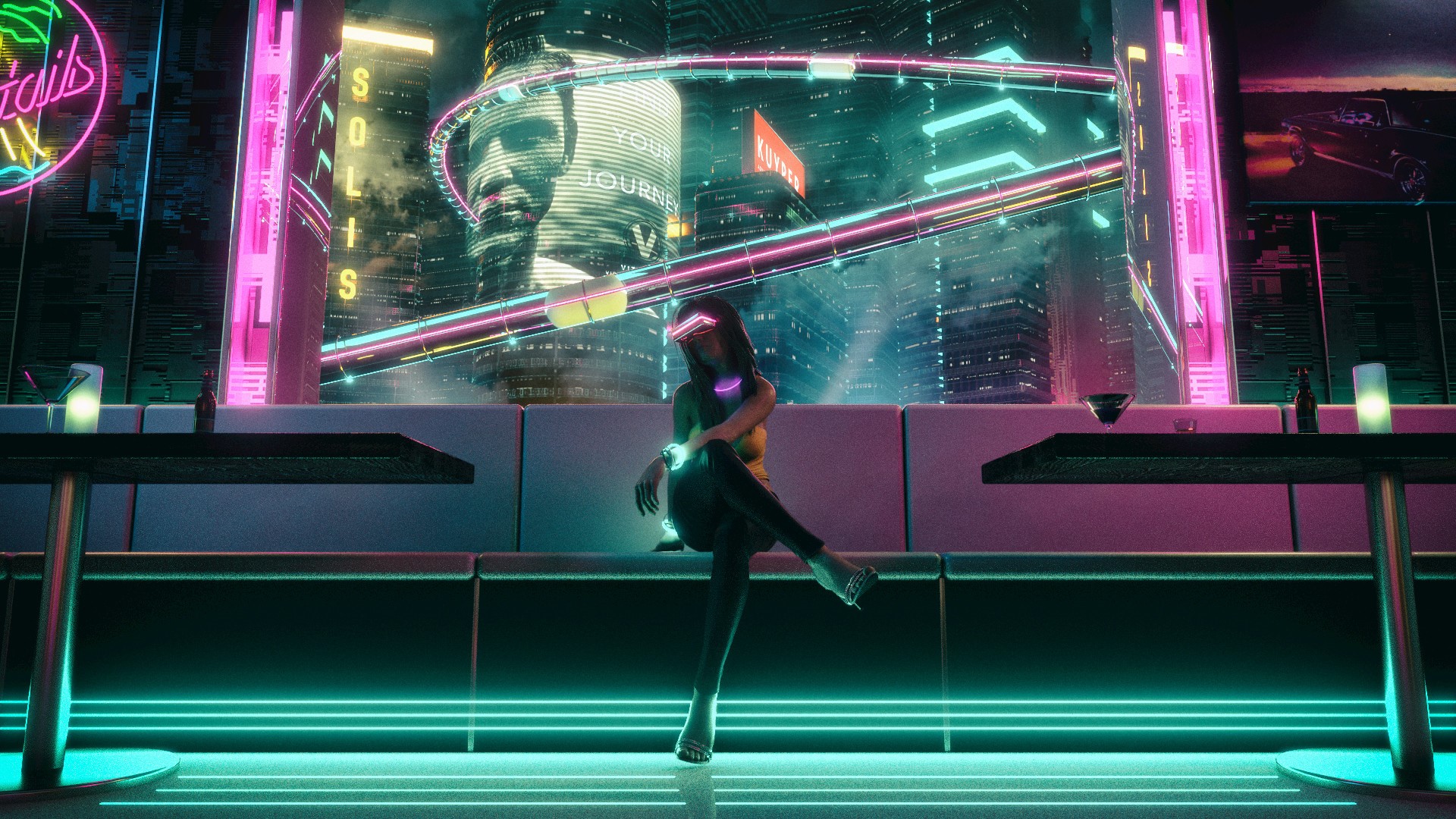 Woman in VR headset in a neon-lit nightclub HD Wallpaper