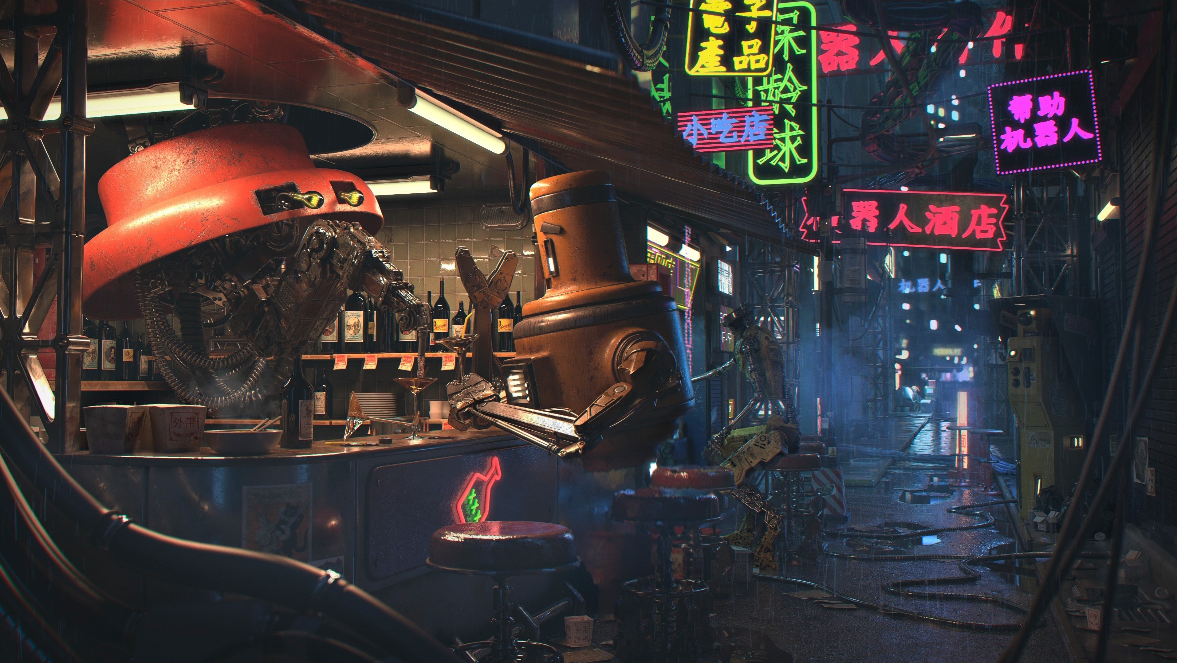 Robots at a futuristic bar in a rainy cyberpunk city HD Wallpaper