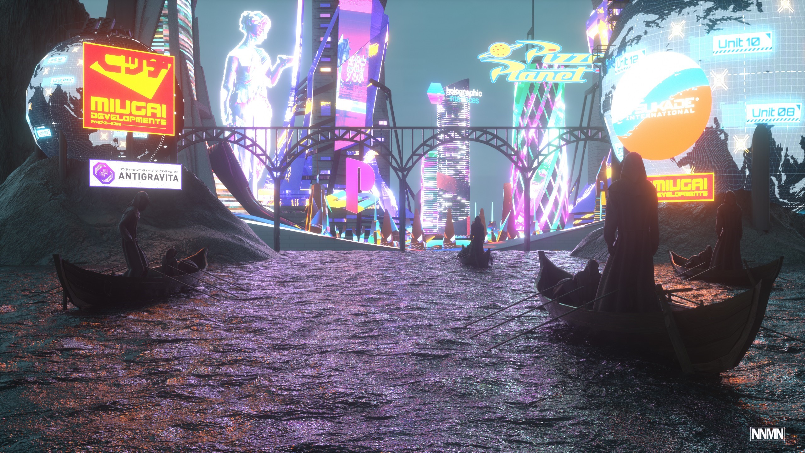 Futuristic Cityscape with Boats and Holograms HD Wallpaper