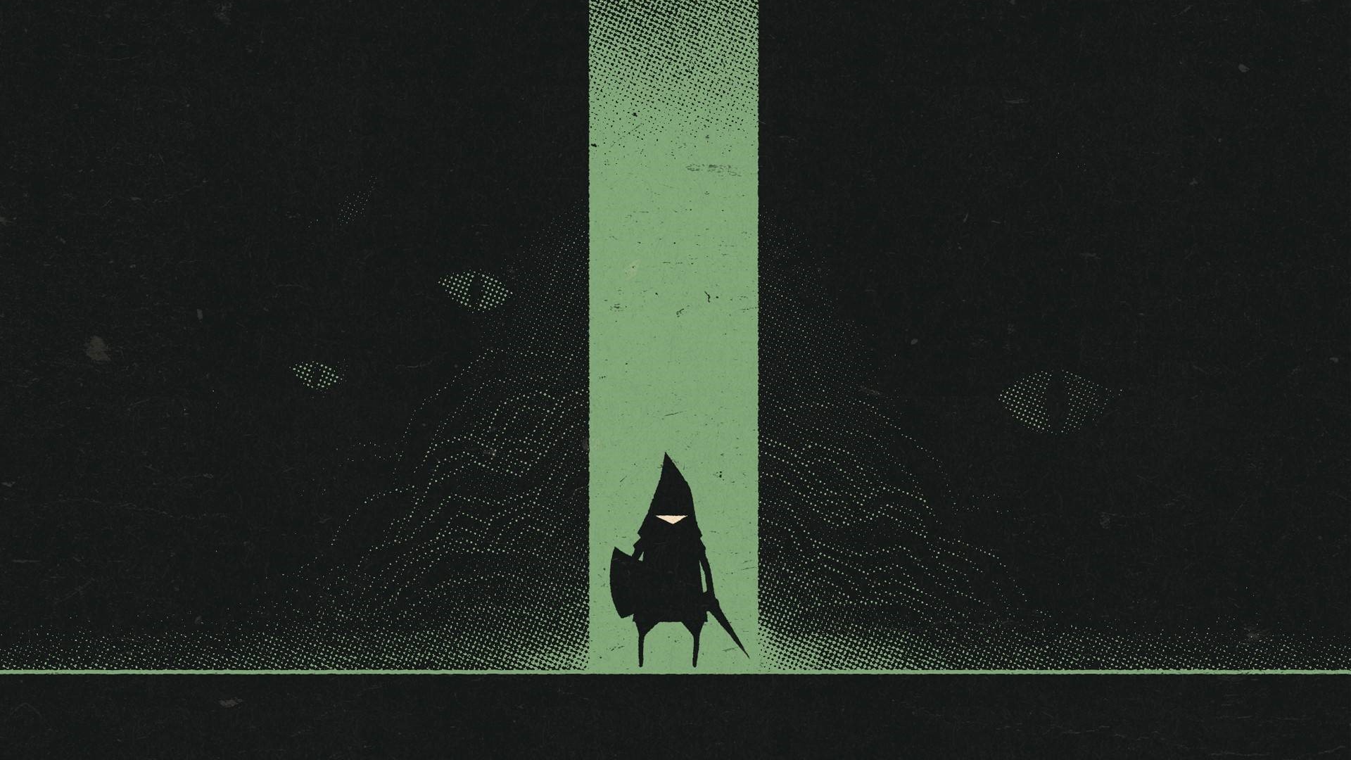Silhouette of a character in a green light with glowing eyes in the dark HD Wallpaper