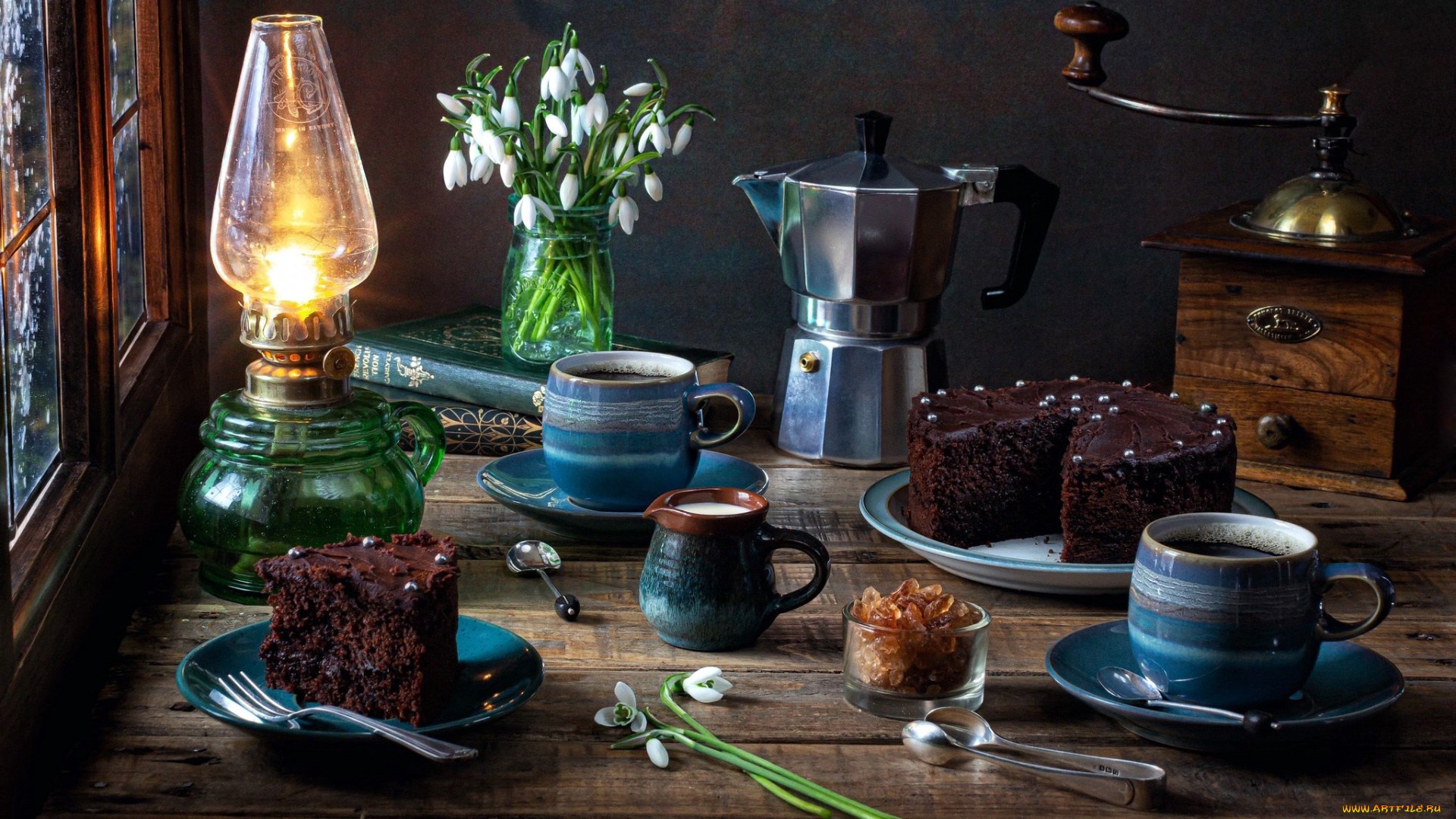 Still life with chocolate cake, coffee, and a lantern HD Wallpaper