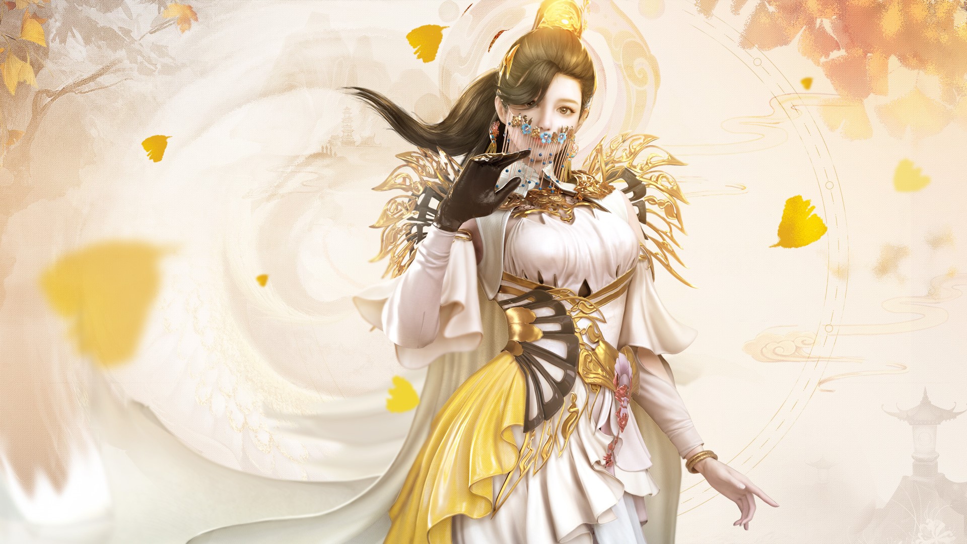 Fantasy Asian woman in white and gold dress HD Wallpaper