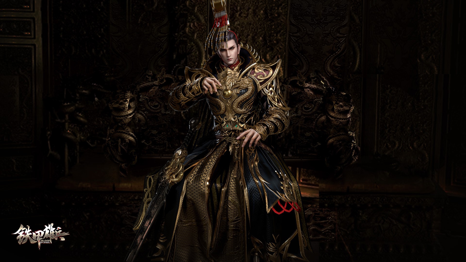 Man in ornate armor sitting on a throne HD Wallpaper