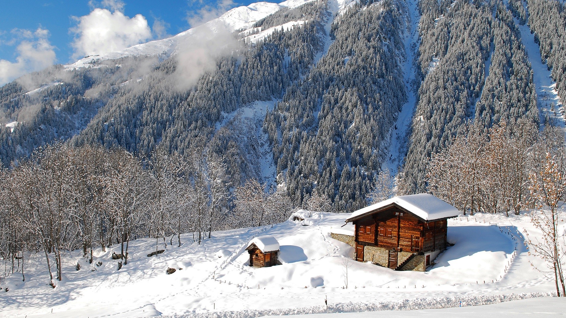 Wooden cabins in a snowy mountain landscape with pine forest HD Wallpaper