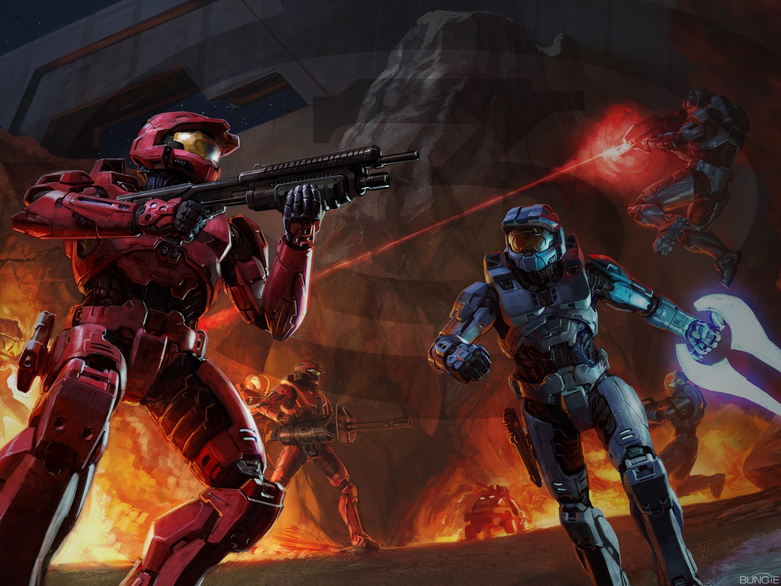 Halo 3 Spartans in battle with explosions HD Wallpaper