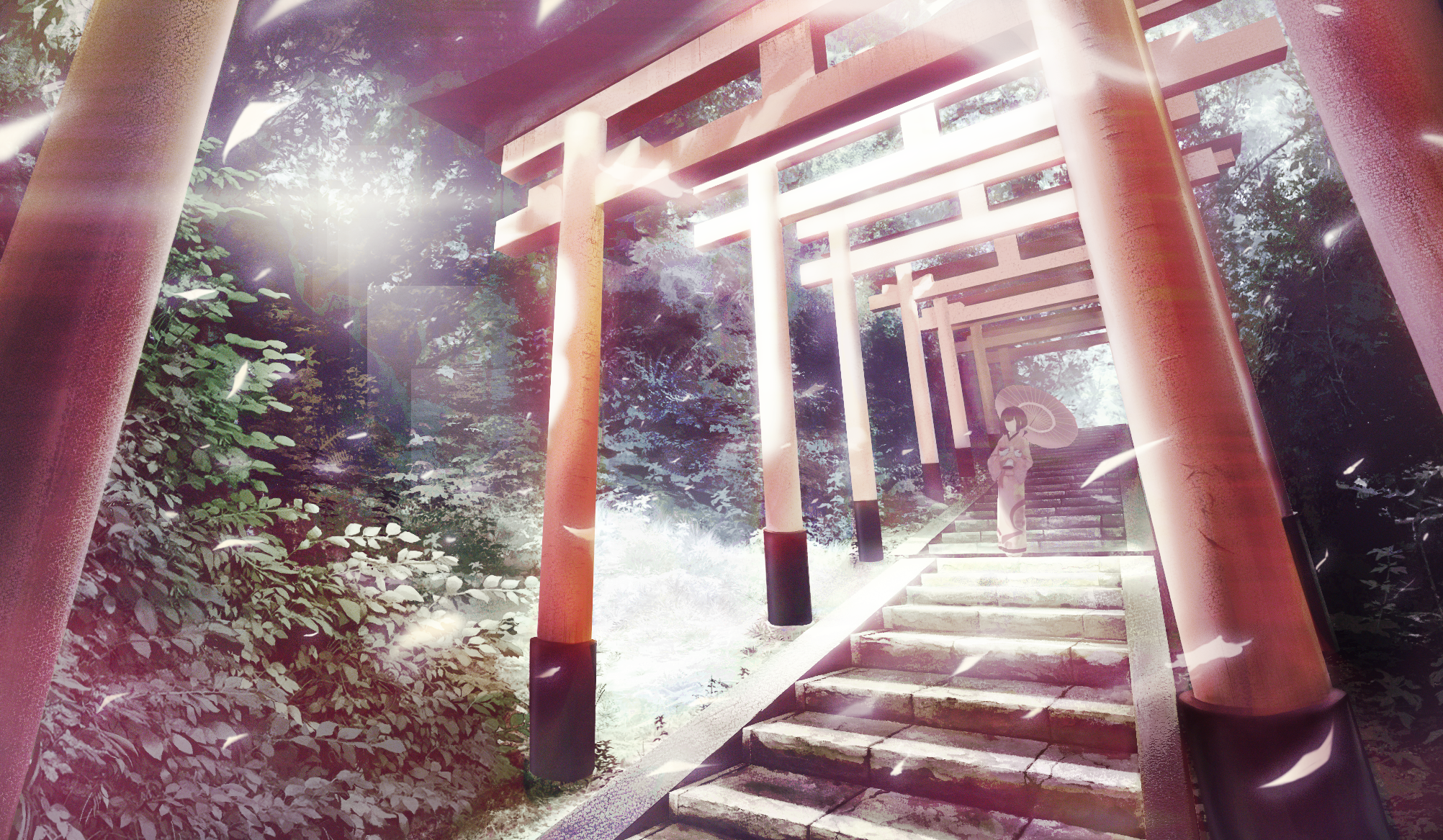 Anime girl in kimono with umbrella on stairs under torii gates HD Wallpaper