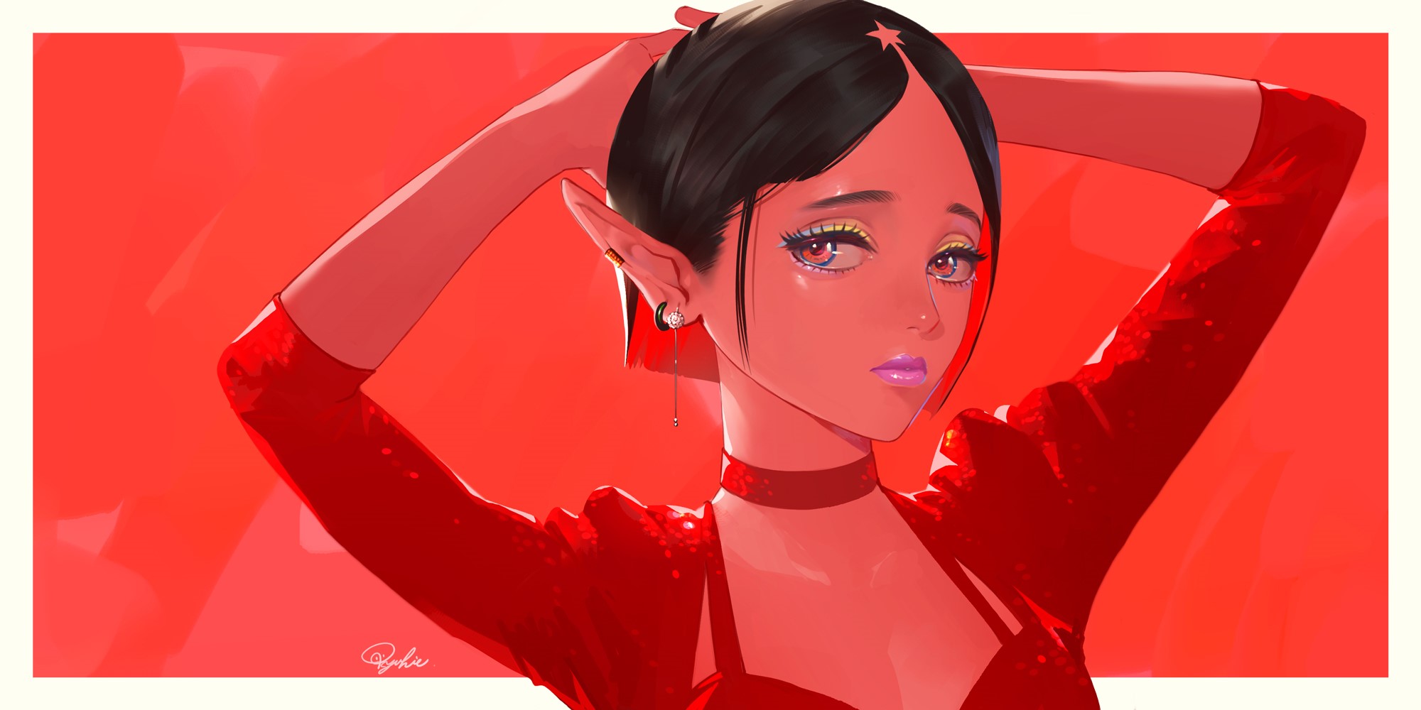 Elf girl with black hair and red outfit HD Wallpaper