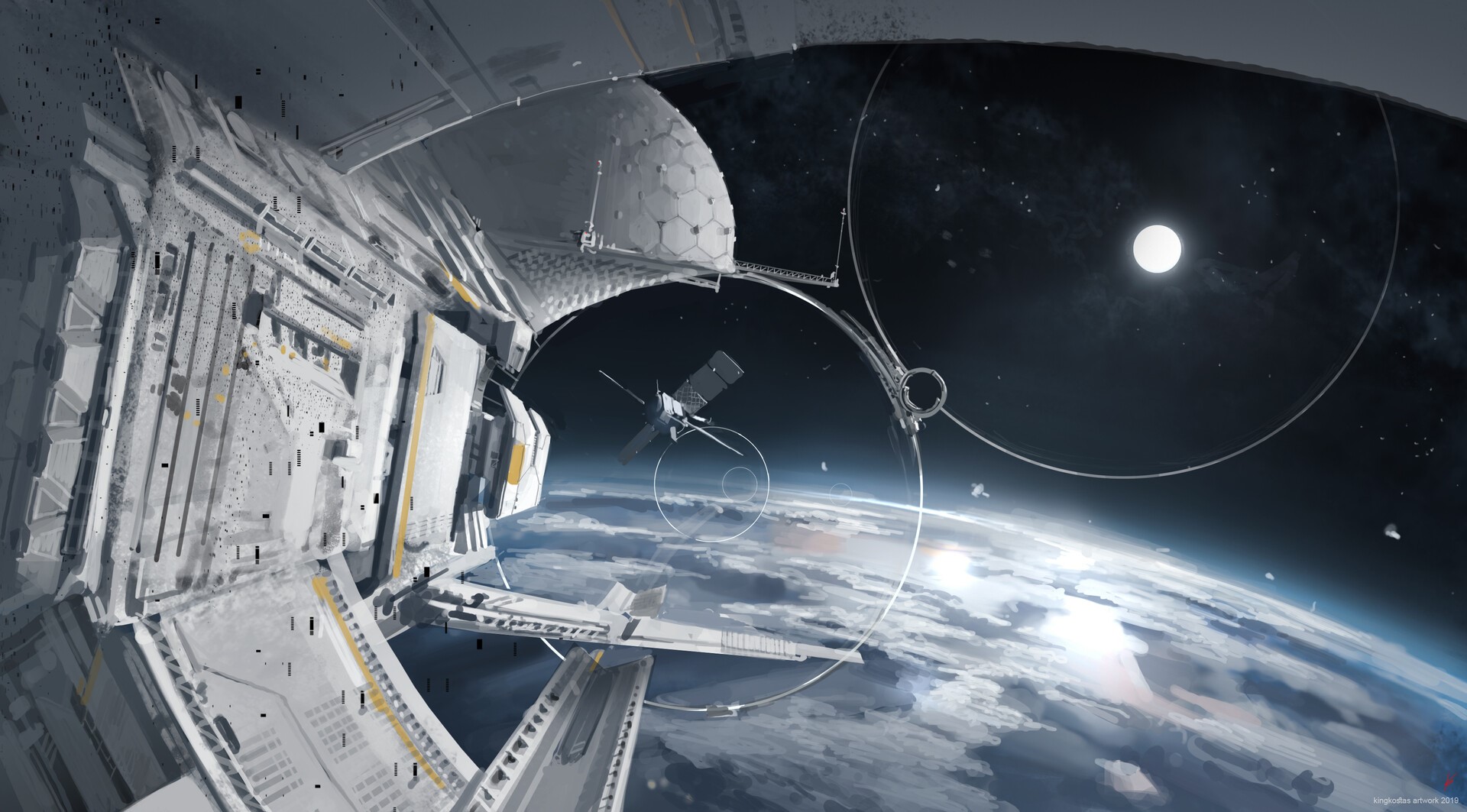 Space station orbiting Earth with a satellite HD Wallpaper