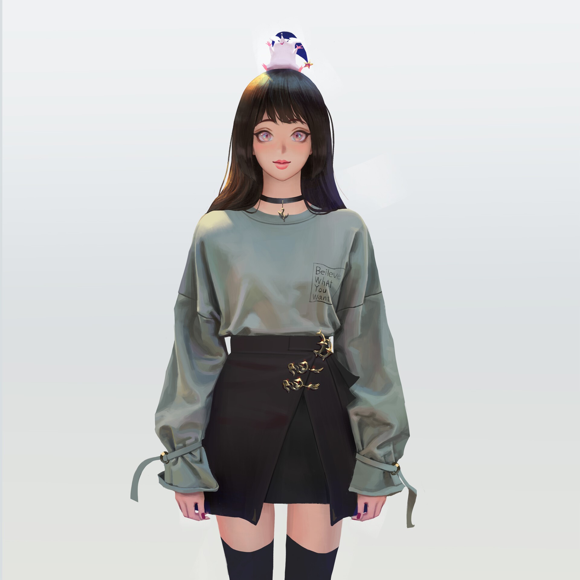 Girl with a penguin on her head HD Wallpaper