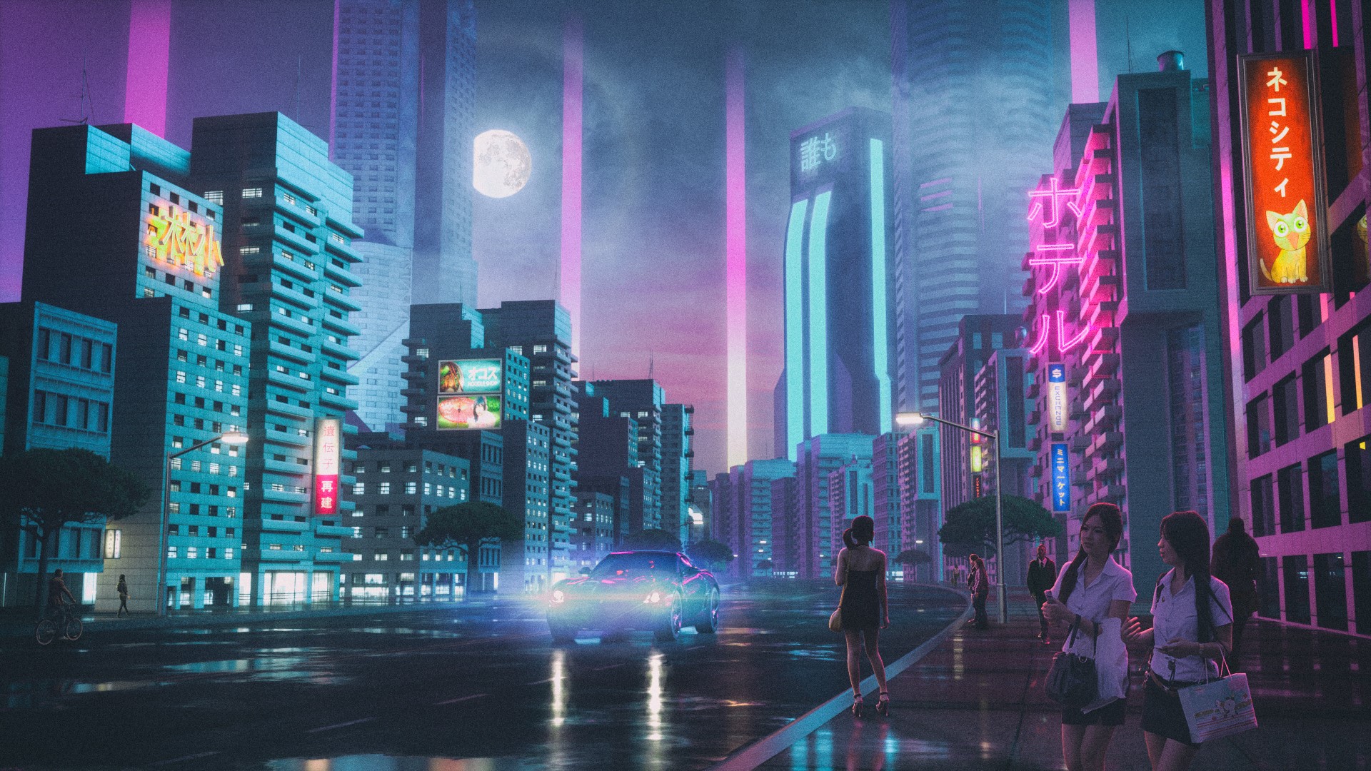 Cyberpunk Cityscape at Night with Neon Lights and Moon HD Wallpaper