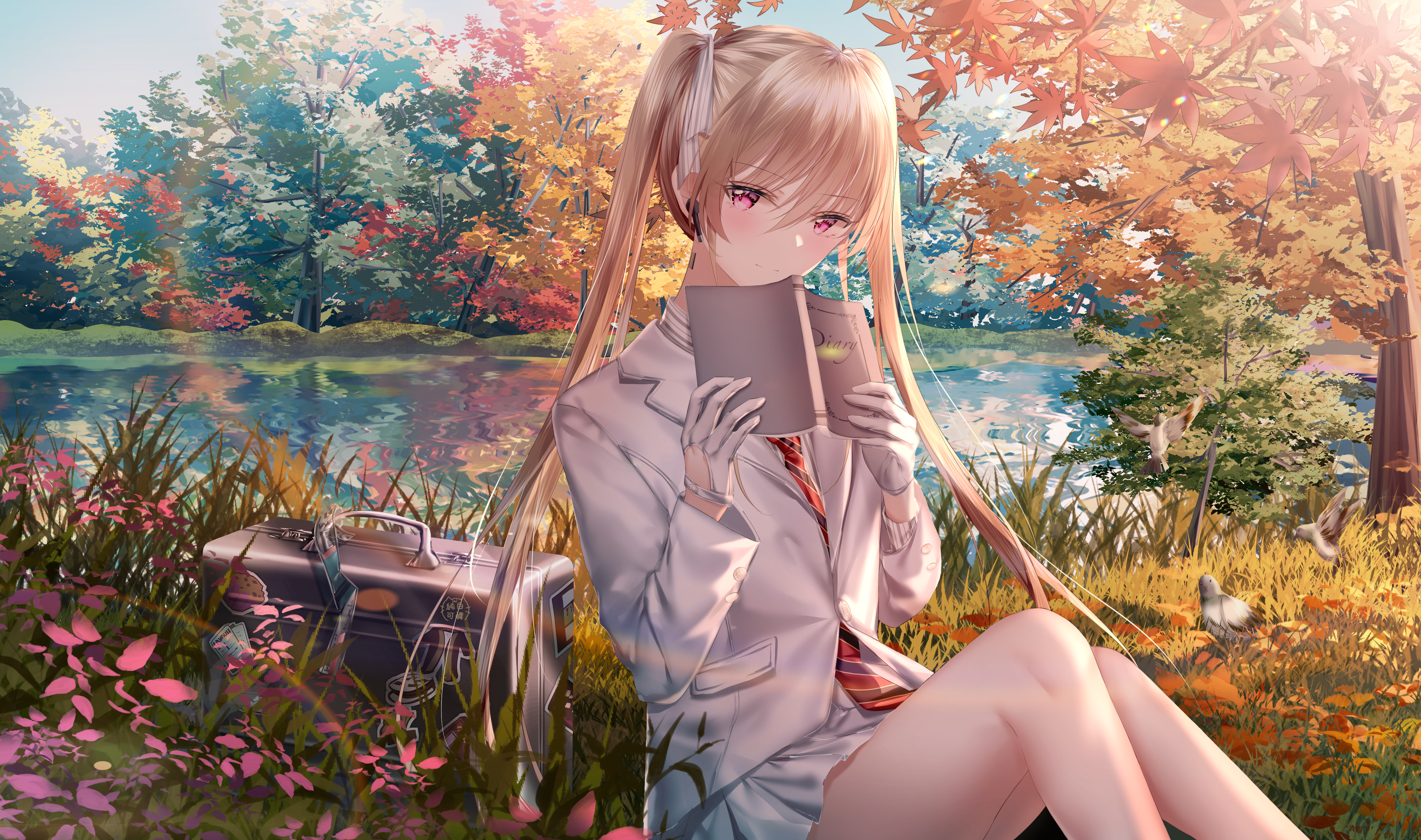 4K Anime Girl in School Uniform by Lake in Fall HD Wallpaper