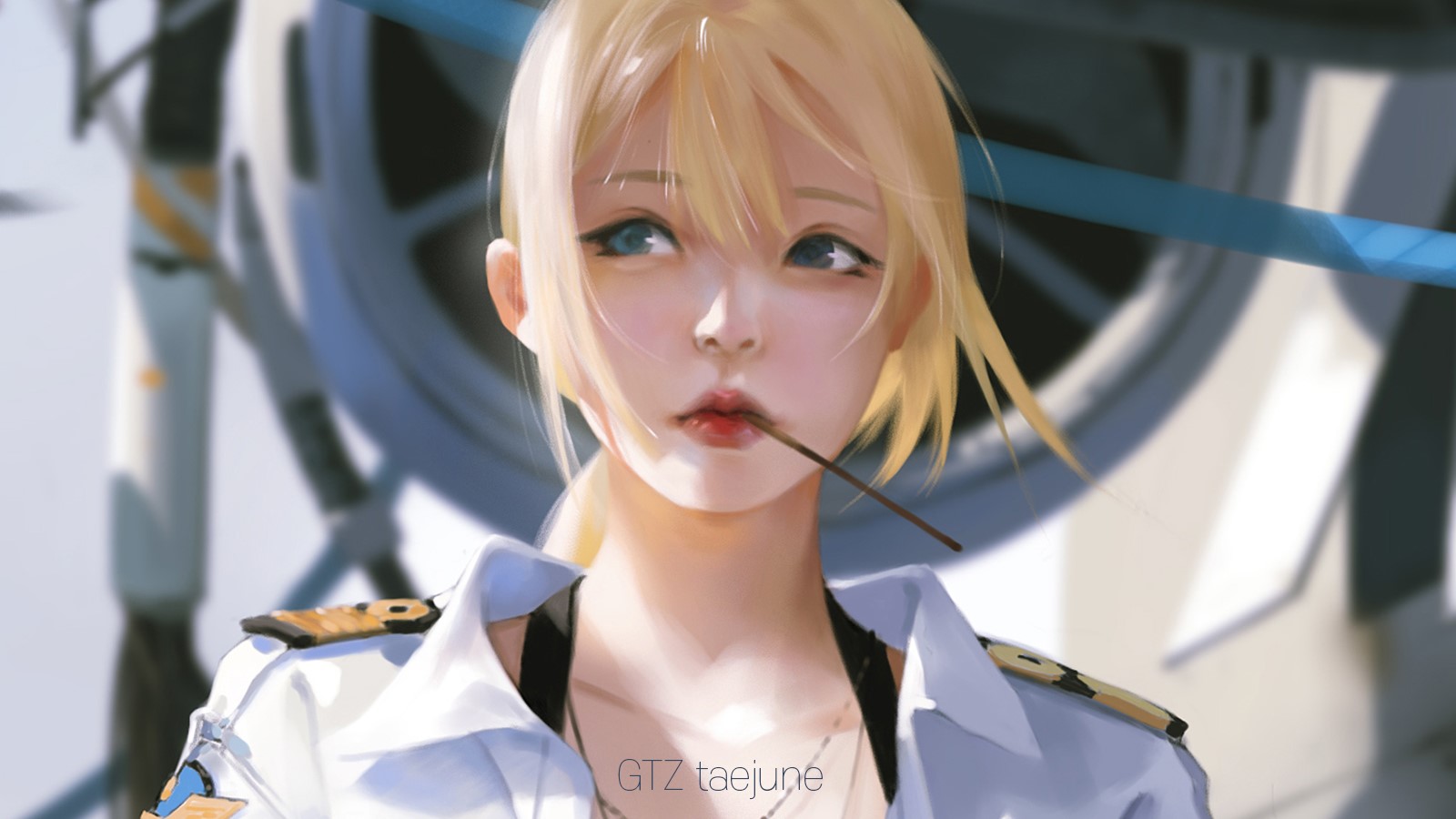 Anime girl with blonde hair eating Pocky HD Wallpaper