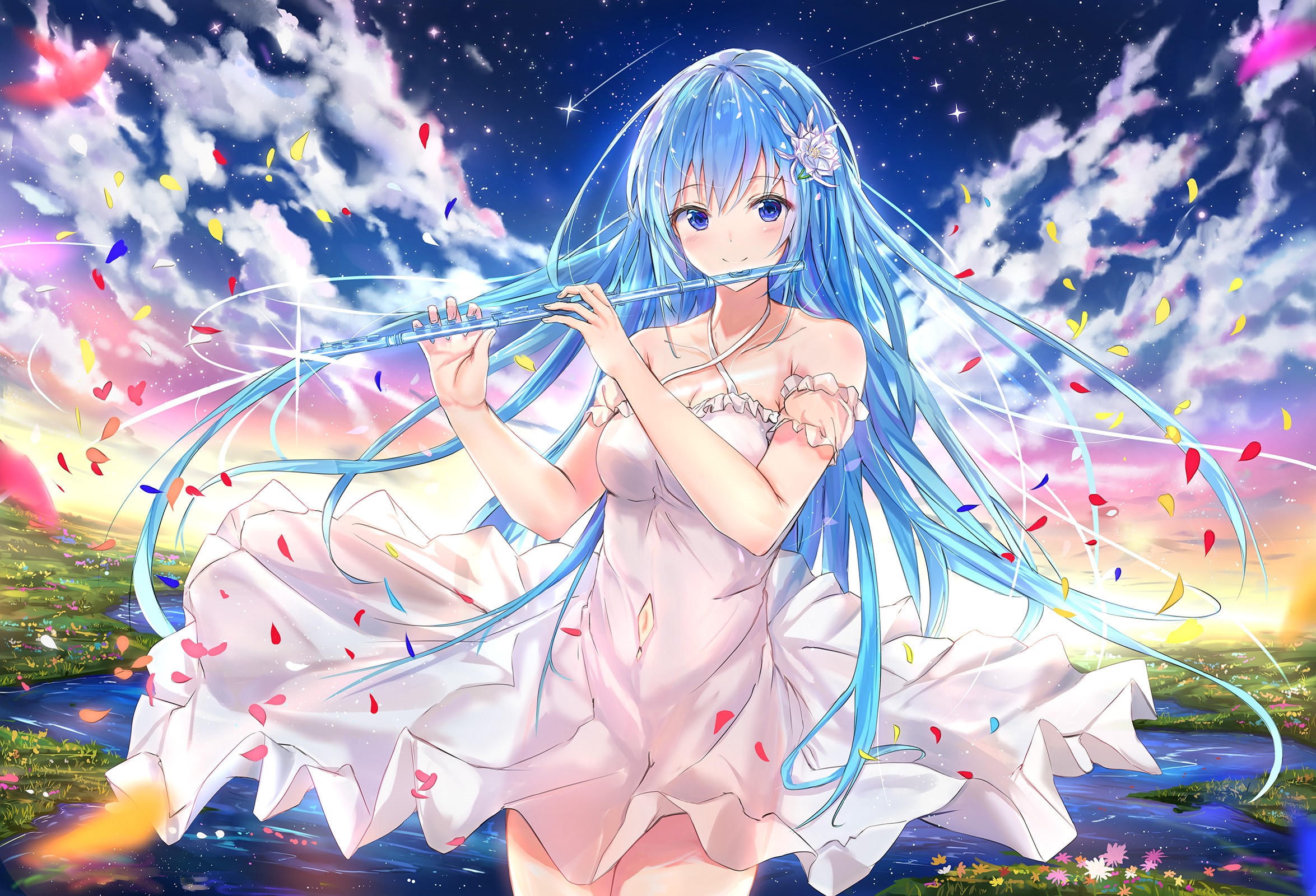 Anime girl with blue hair playing flute in sky with petals HD Wallpaper