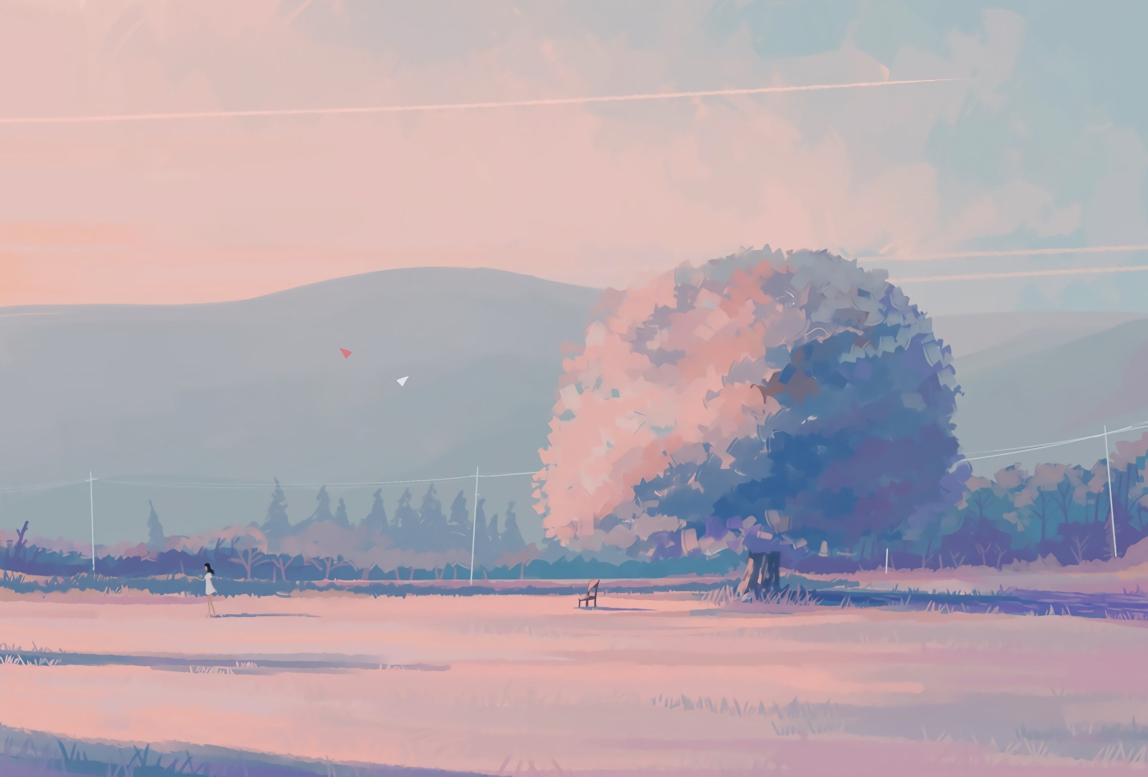 Anime landscape with a girl and a large tree HD Wallpaper