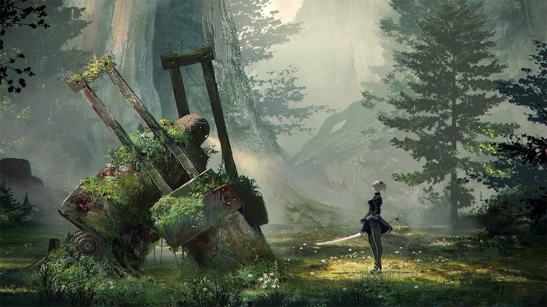 2B from Nier: Automata in a forest HD Wallpaper