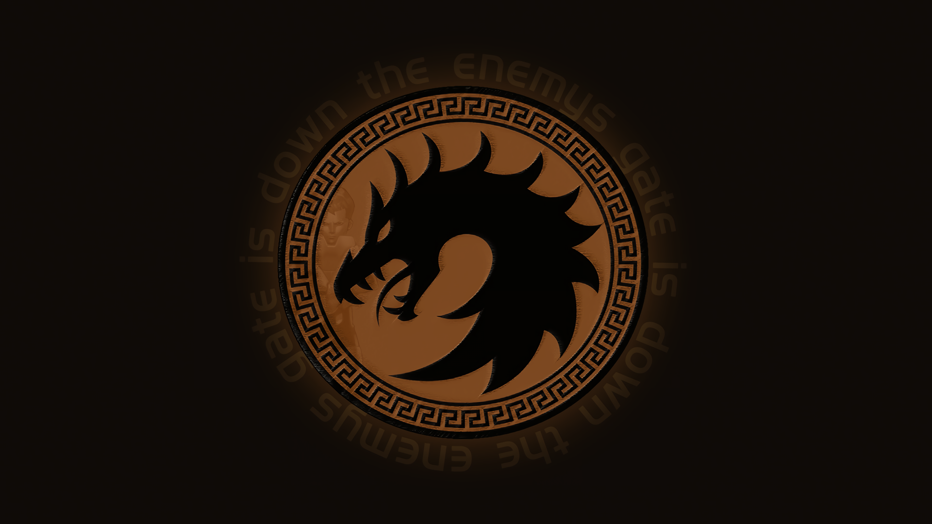 Dragon emblem with Greek key border and text HD Wallpaper