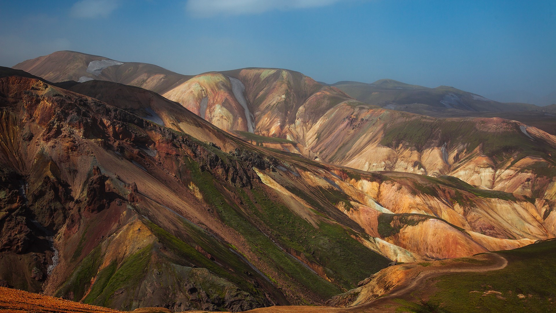 Colorful mountains and a winding path in Iceland HD Wallpaper