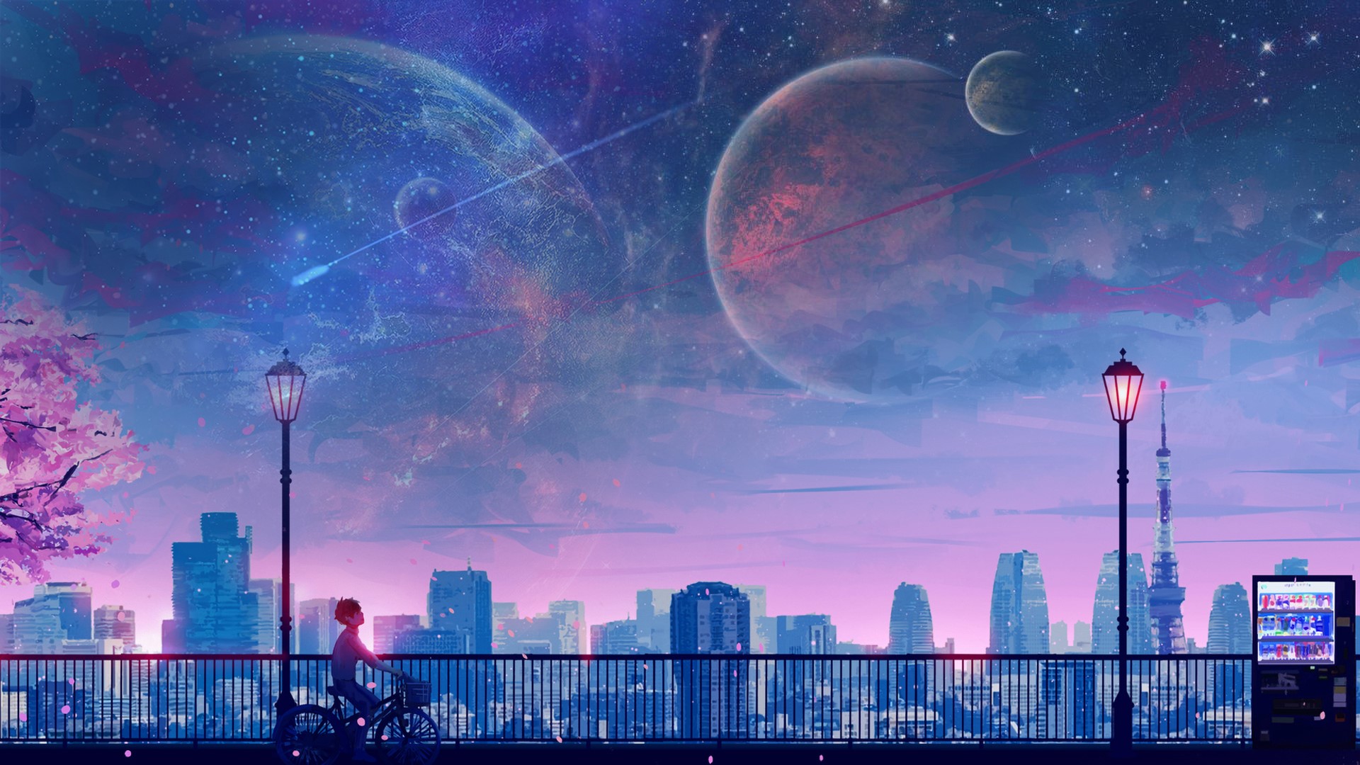 Anime cityscape with planets and sakura trees HD Wallpaper