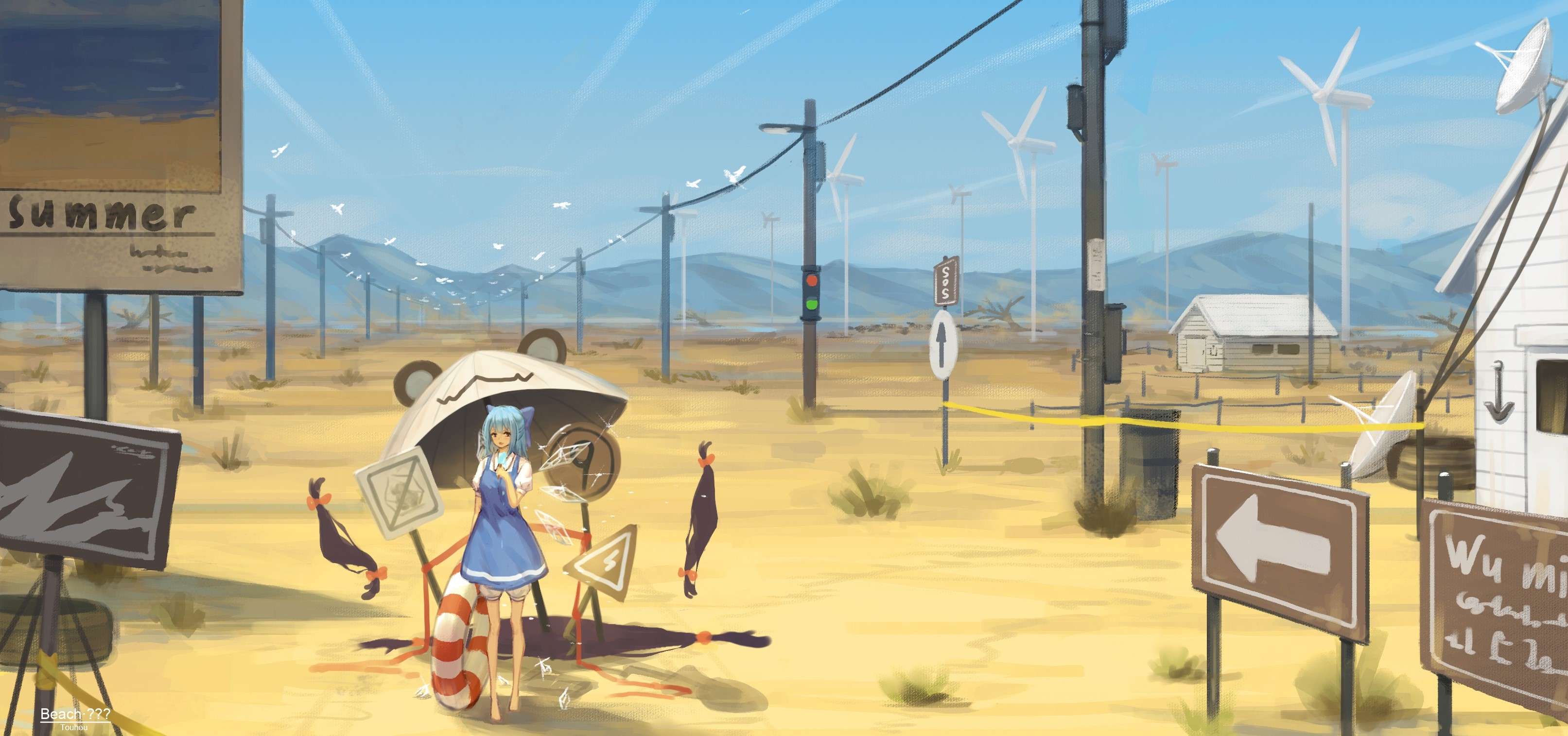 Anime girl in desert with wind turbines HD Wallpaper