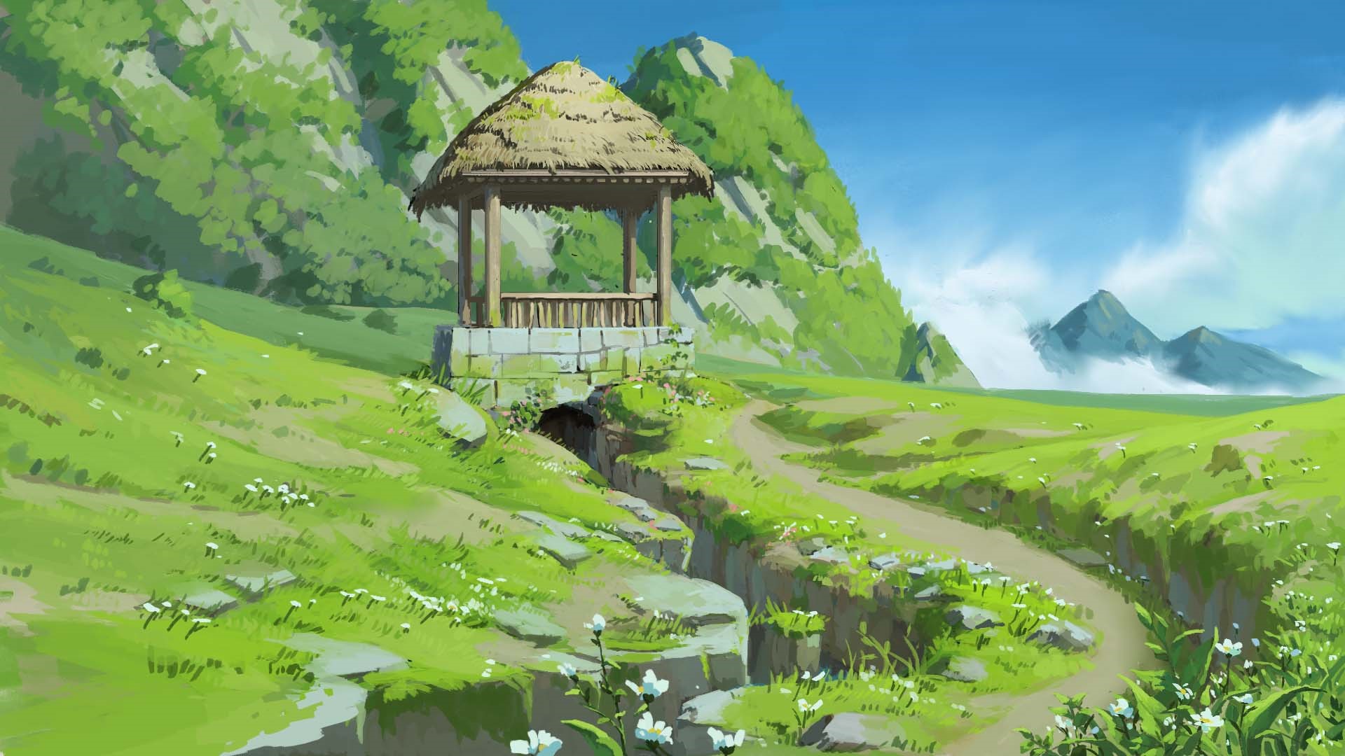 Anime landscape with a thatched-roof gazebo and mountains HD Wallpaper