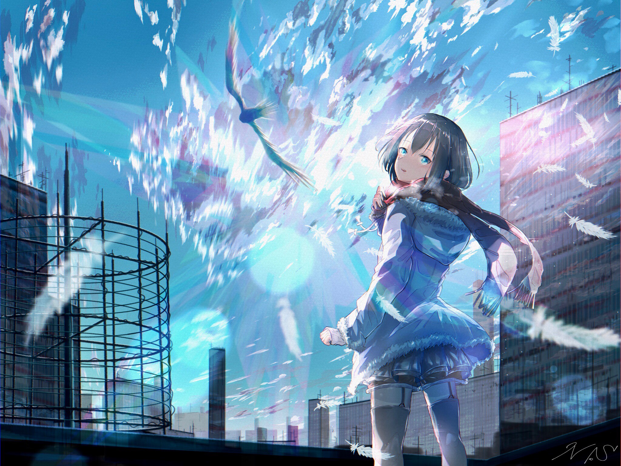 Anime girl with scarf and blue coat on city rooftop HD Wallpaper