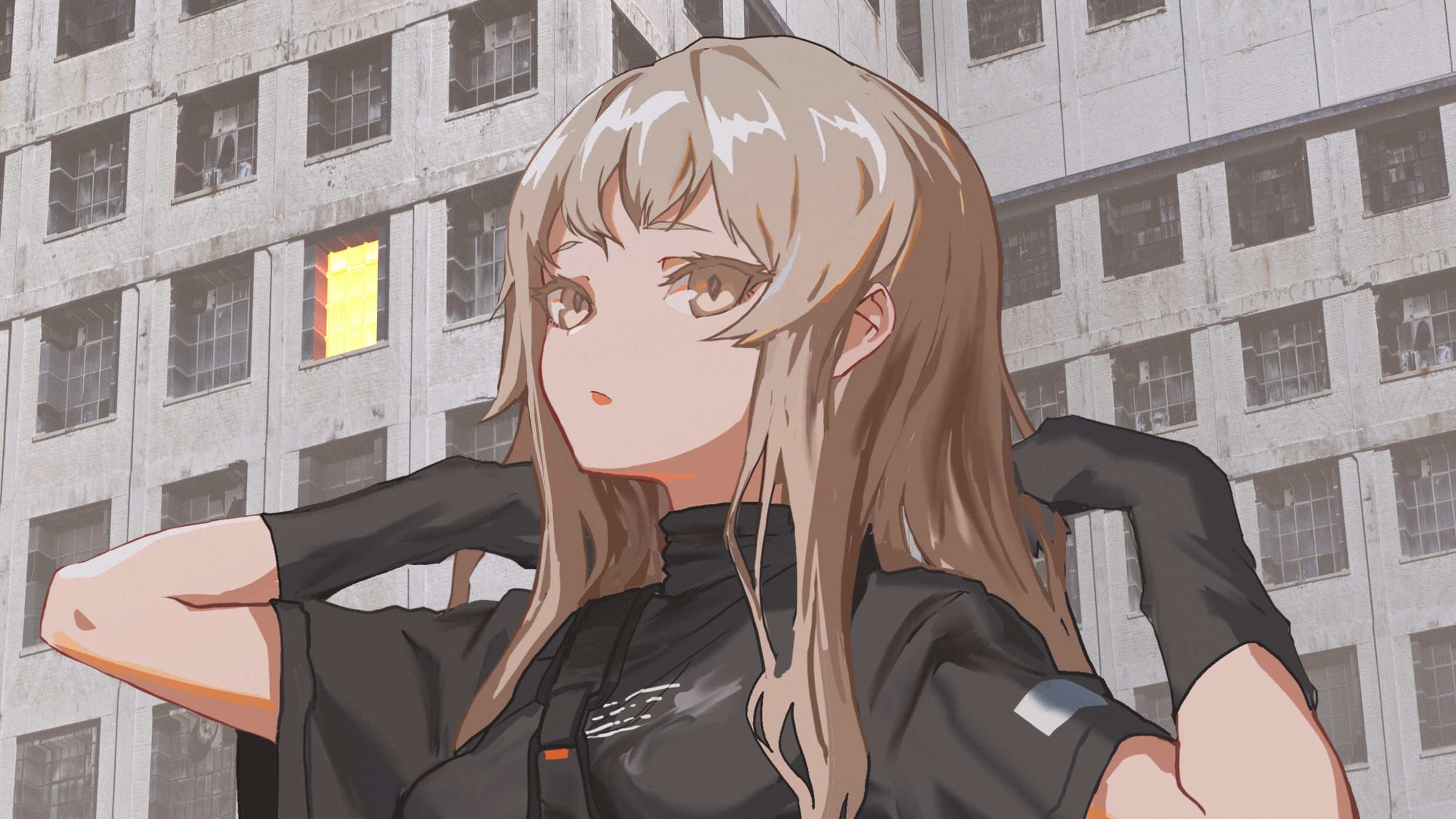 Anime girl with blonde hair in black outfit HD Wallpaper