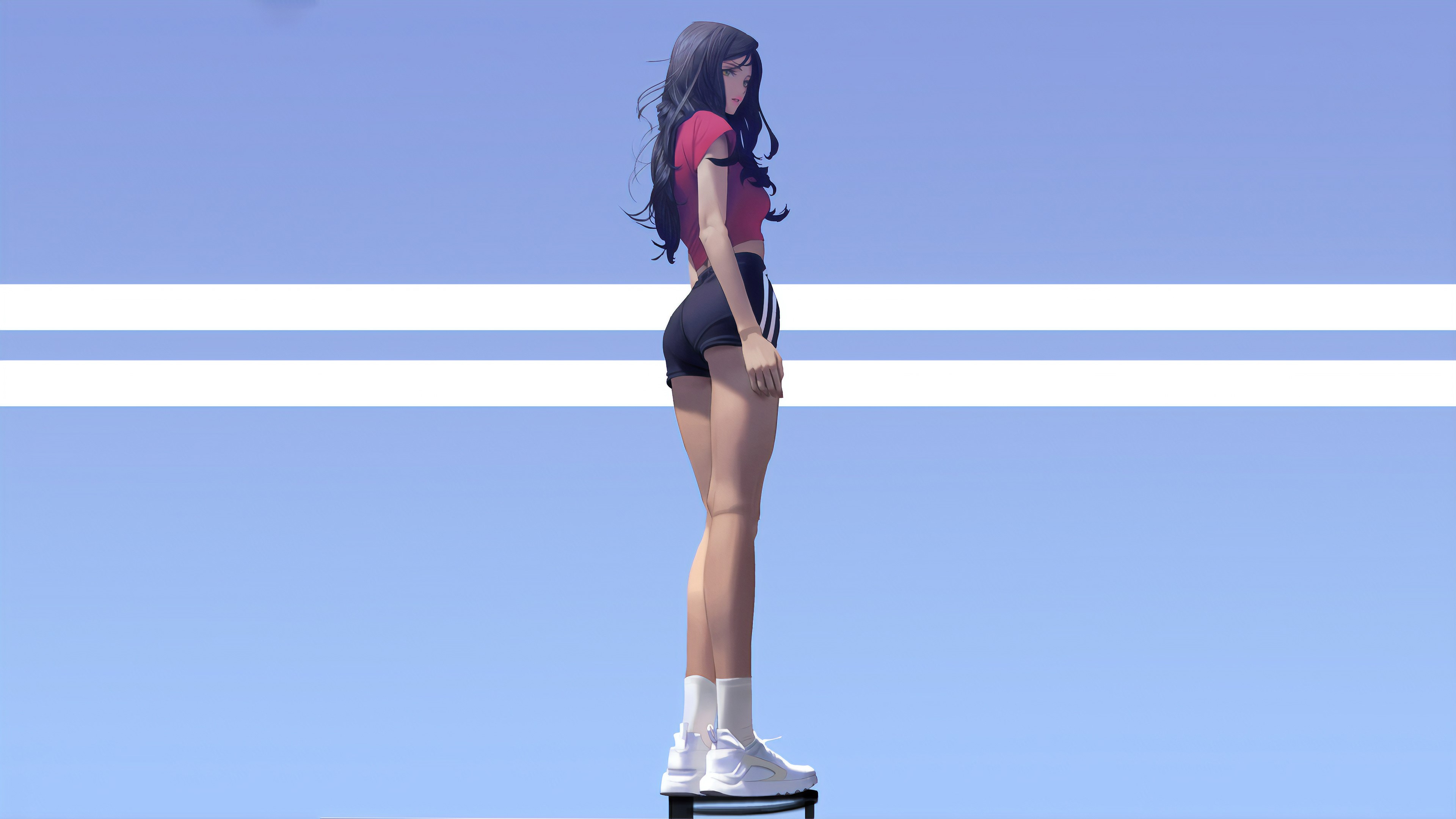 Anime girl with black hair wearing a pink top and black shorts HD Wallpaper