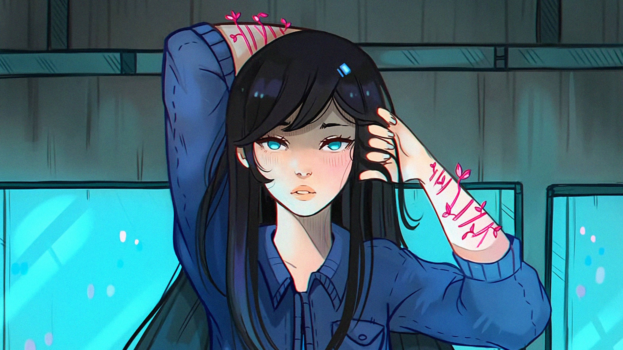 Anime girl with flowers growing from scars HD Wallpaper