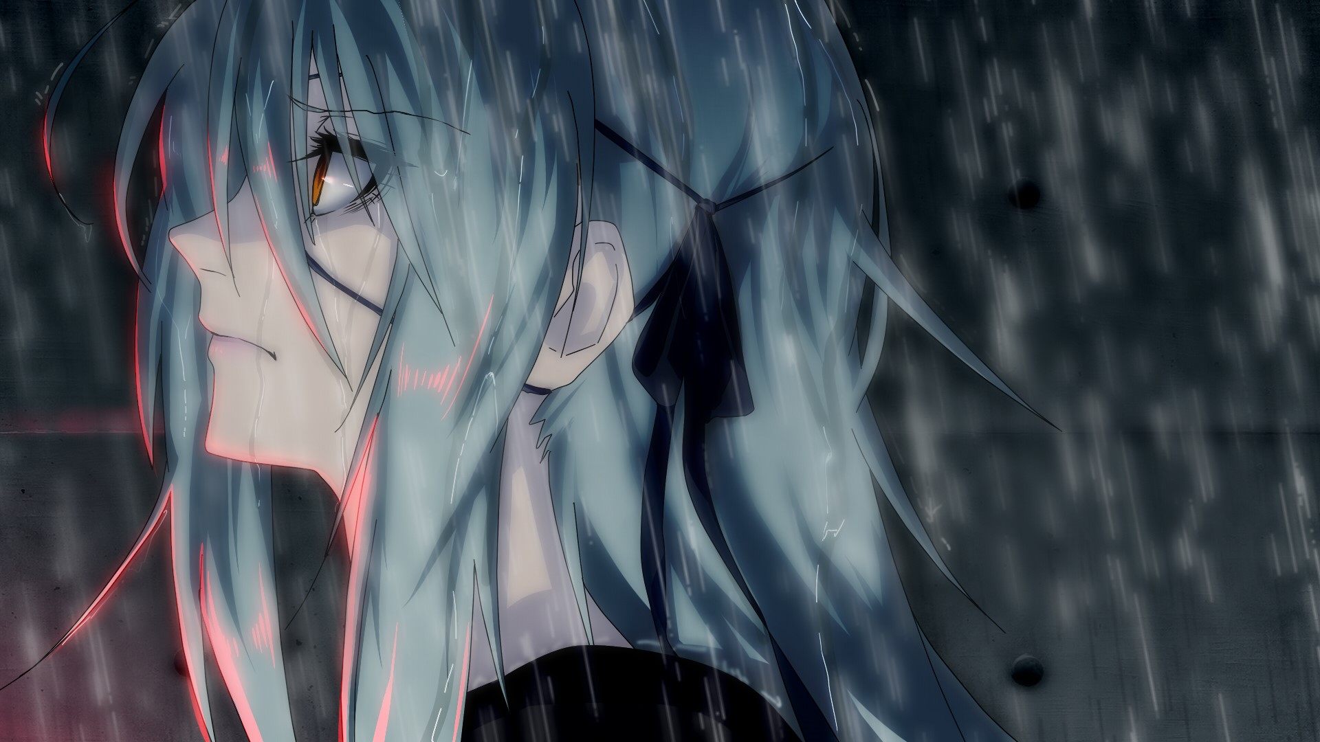 Anime girl with blue hair in the rain HD Wallpaper