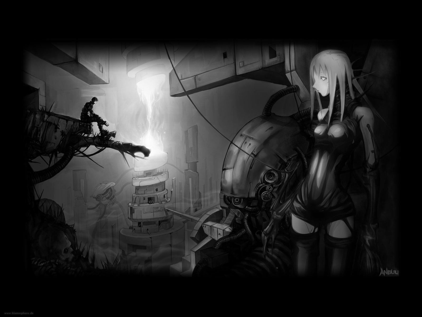 Killy and Cibo from Blame! in a dystopian industrial setting HD Wallpaper