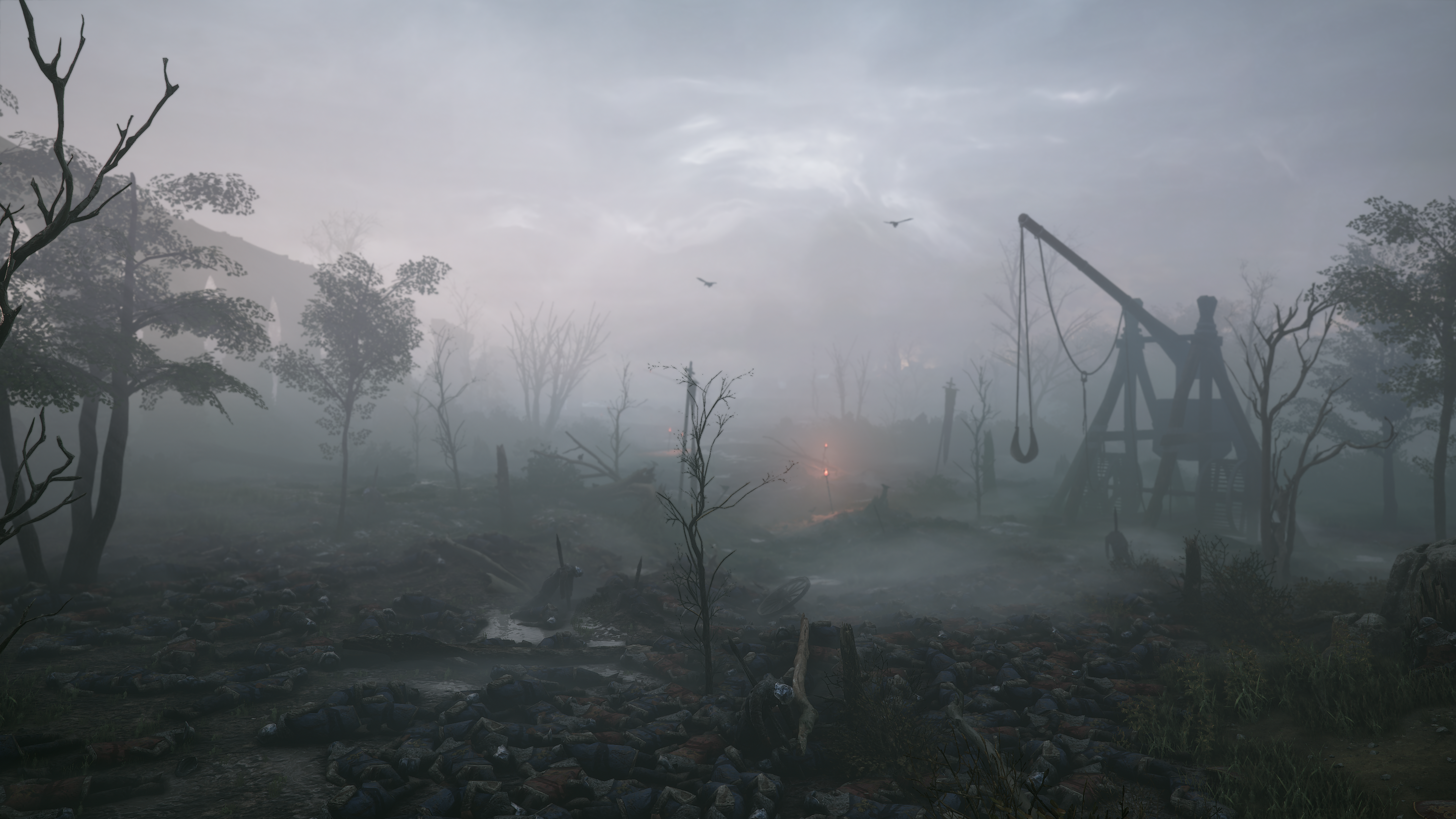 4K A Plague Tale Innocence screenshot with trebuchet and dead bodies HD Wallpaper
