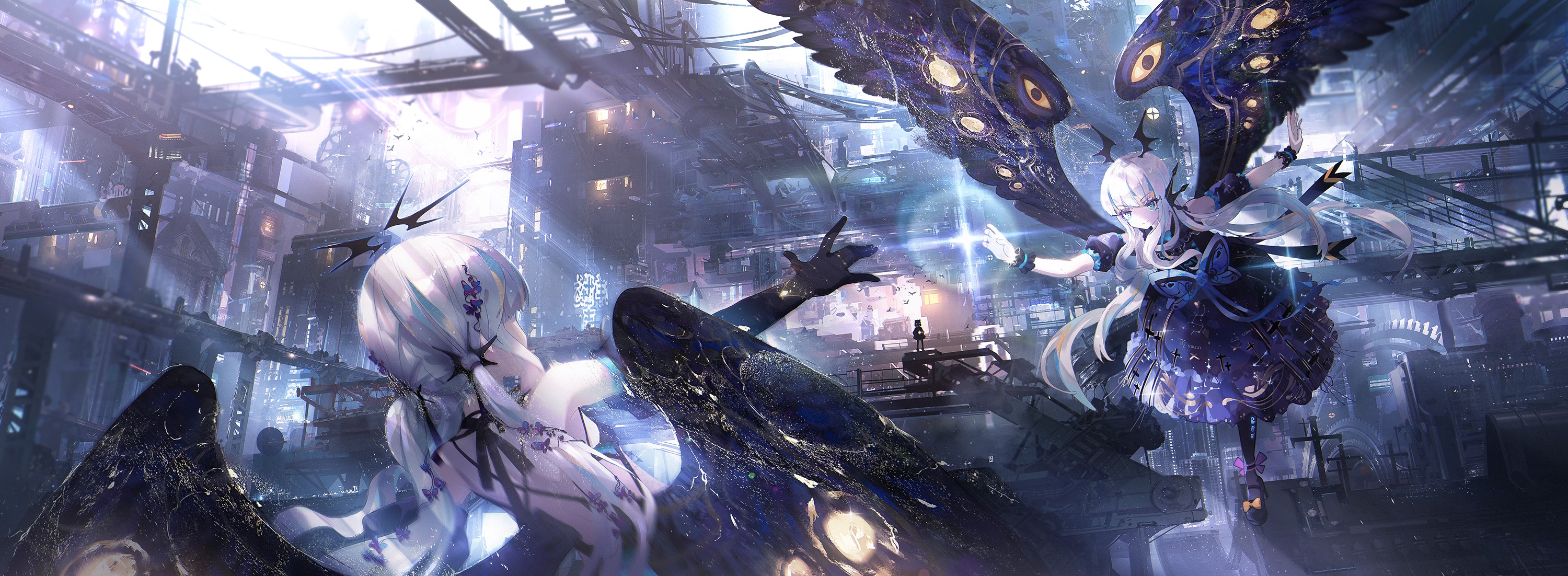 Two girls with wings in a futuristic city HD Wallpaper
