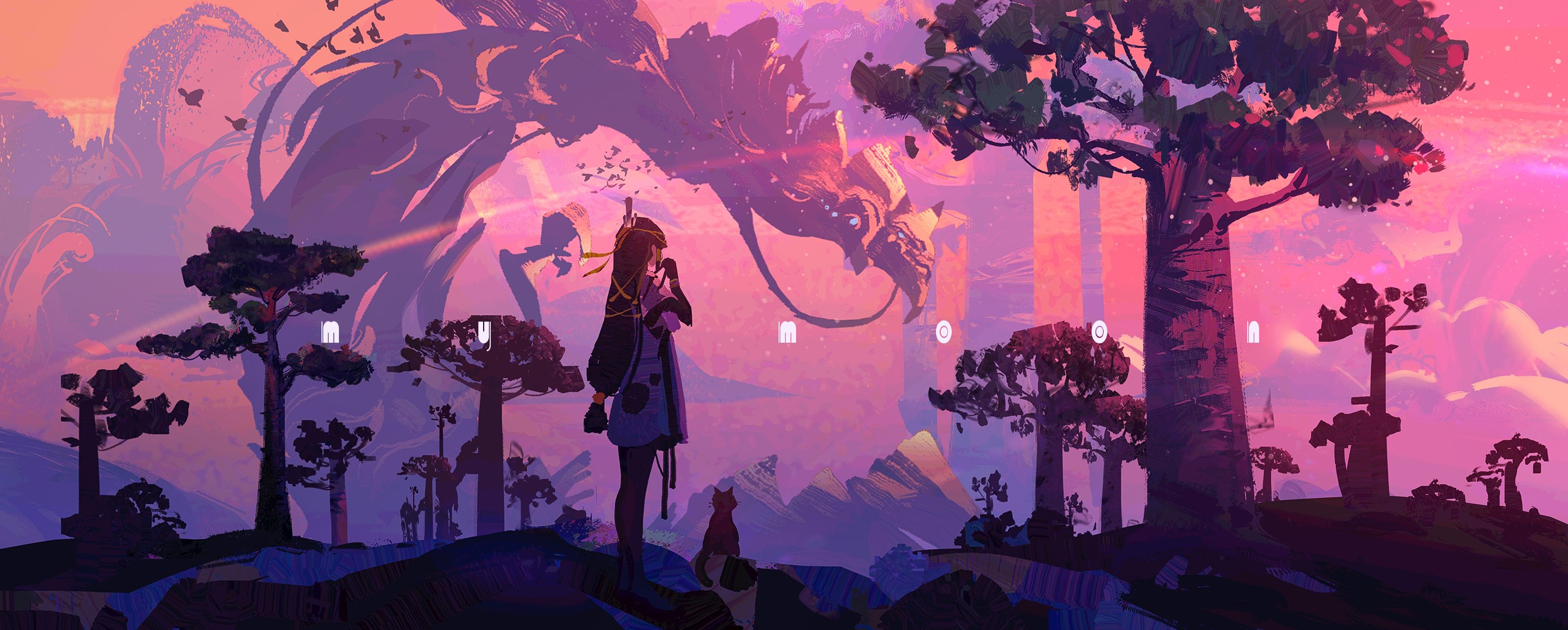 Anime girl and dragon in a fantasy landscape HD Wallpaper