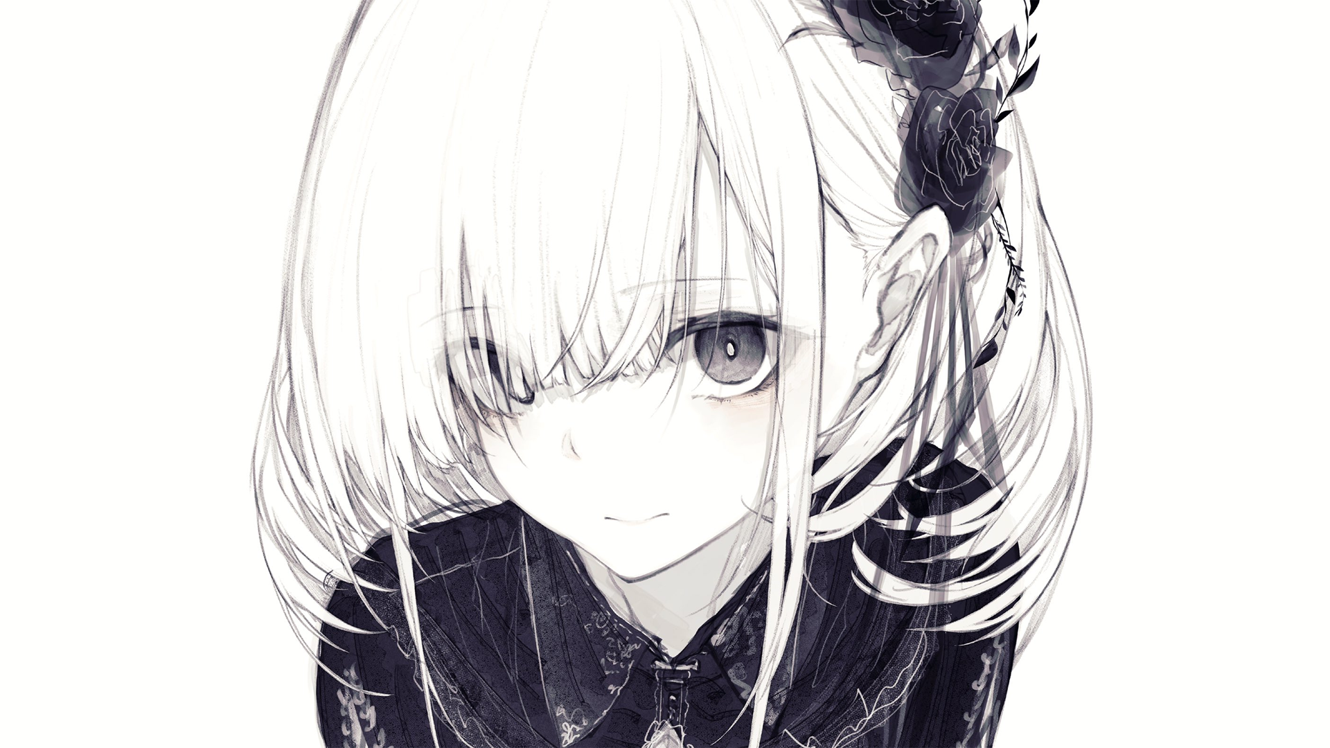 Anime girl with white hair and black roses HD Wallpaper