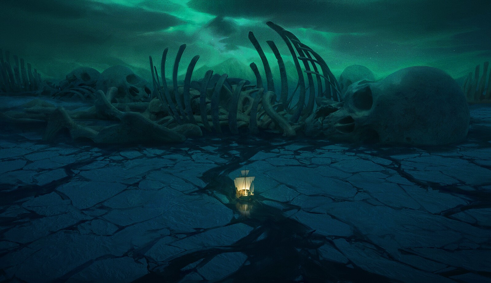 Ship sailing through a graveyard of giant skeletons under a green sky HD Wallpaper