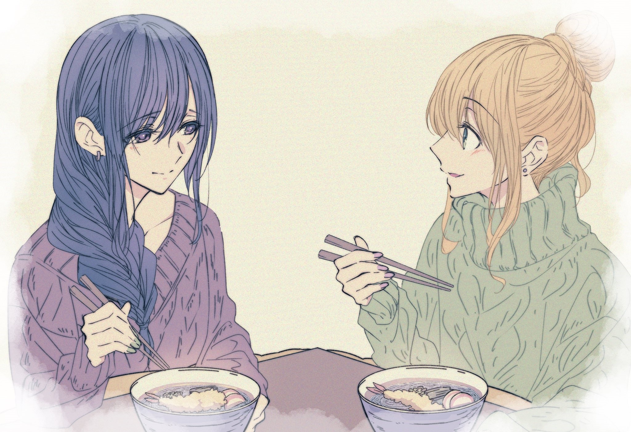 Two anime girls eating noodles with chopsticks HD Wallpaper