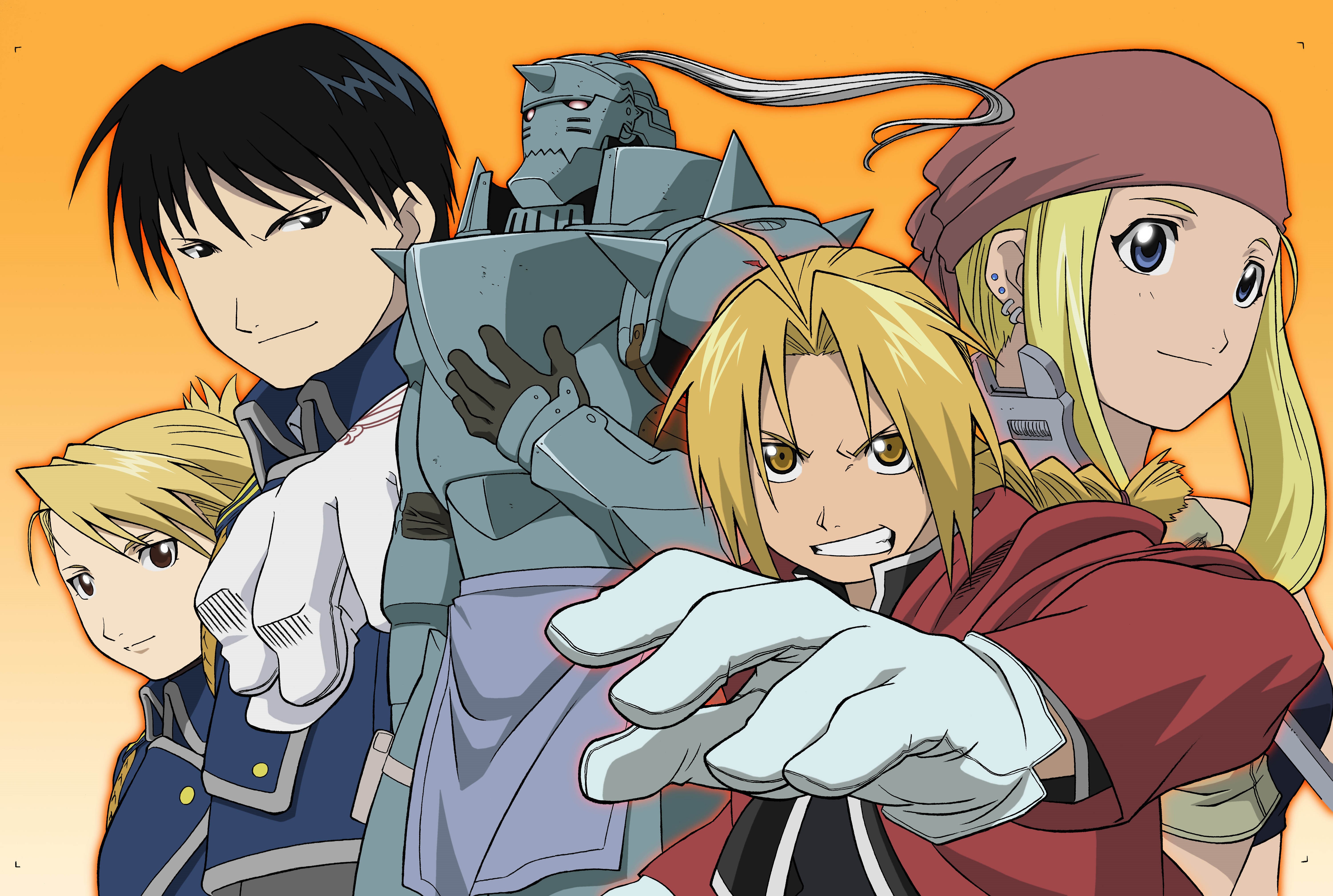 Full Metal Alchemist characters on orange background HD Wallpaper